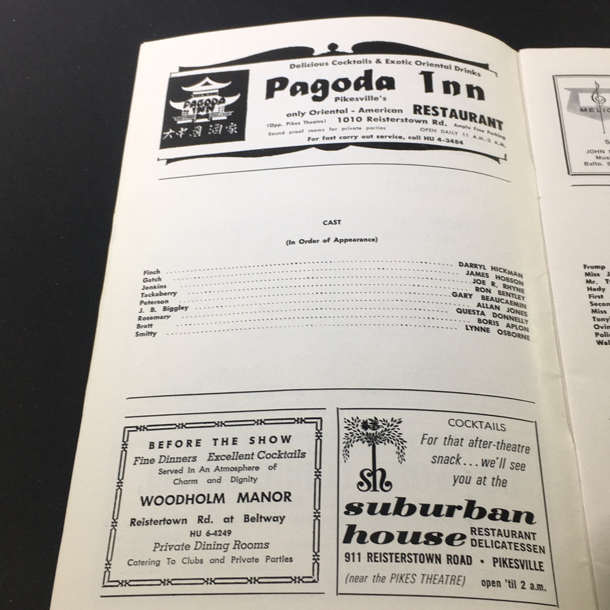 Advertisement for the Pagoda Inn restaurant, including cast listing, from the vintage program of the Painters Mill Music Fair, July 7, 1966.