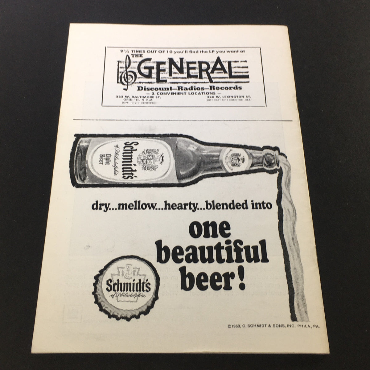 Vintage advertisement for Schmidt's beer included in the program from the Painters Mill Music Fair, July 7, 1966.