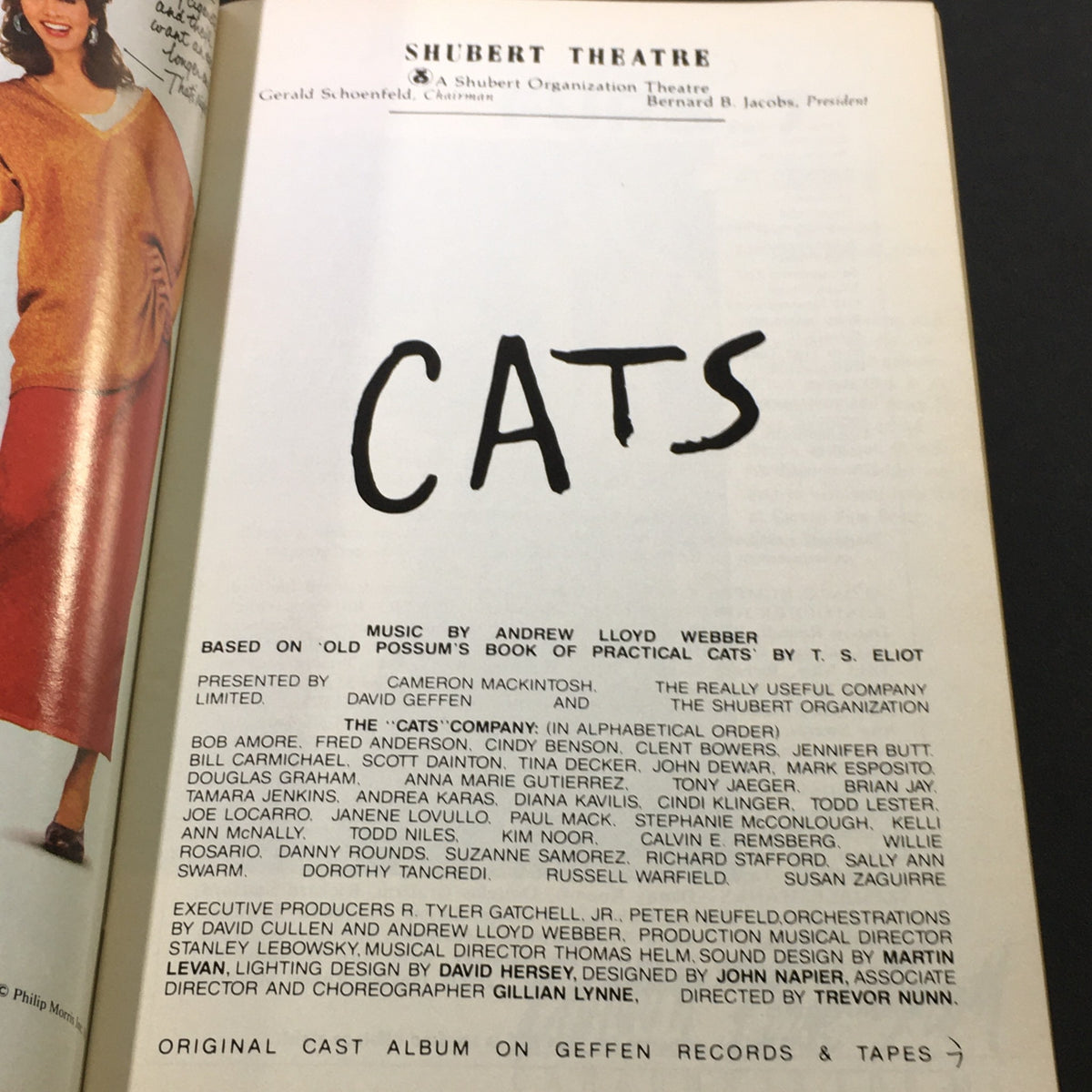 Inside page of the VTG Shubert Theatre Stagebill from November 1985, detailing the play 'CATS' by Andrew Lloyd Webber and its cast.