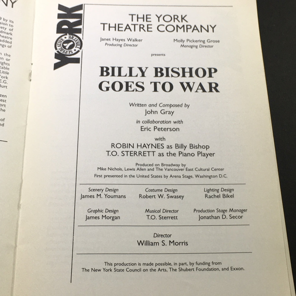 Inside page of VTG The York Playgoer March 1, 1987 detailing the cast and crew of 'Billy Bishop Goes To War', including contributions from John Gray and Eric Peterson.