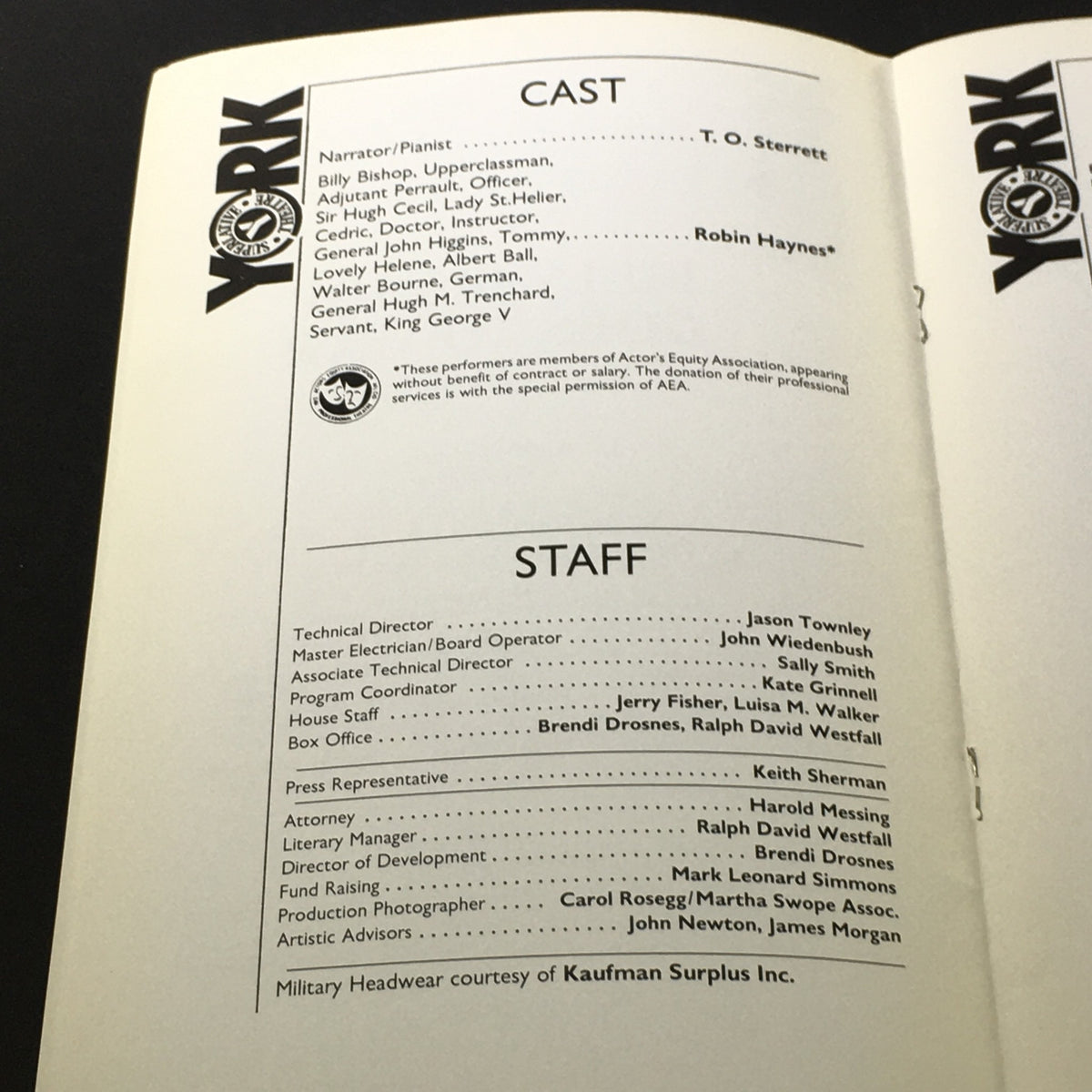Inside cover of 'The York Playgoer' March 1, 1987, featuring the cast and staff of 'Billy Bishop Goes to War' by John Gray, including notable names like T.O. Sterrett and Jason Townley.