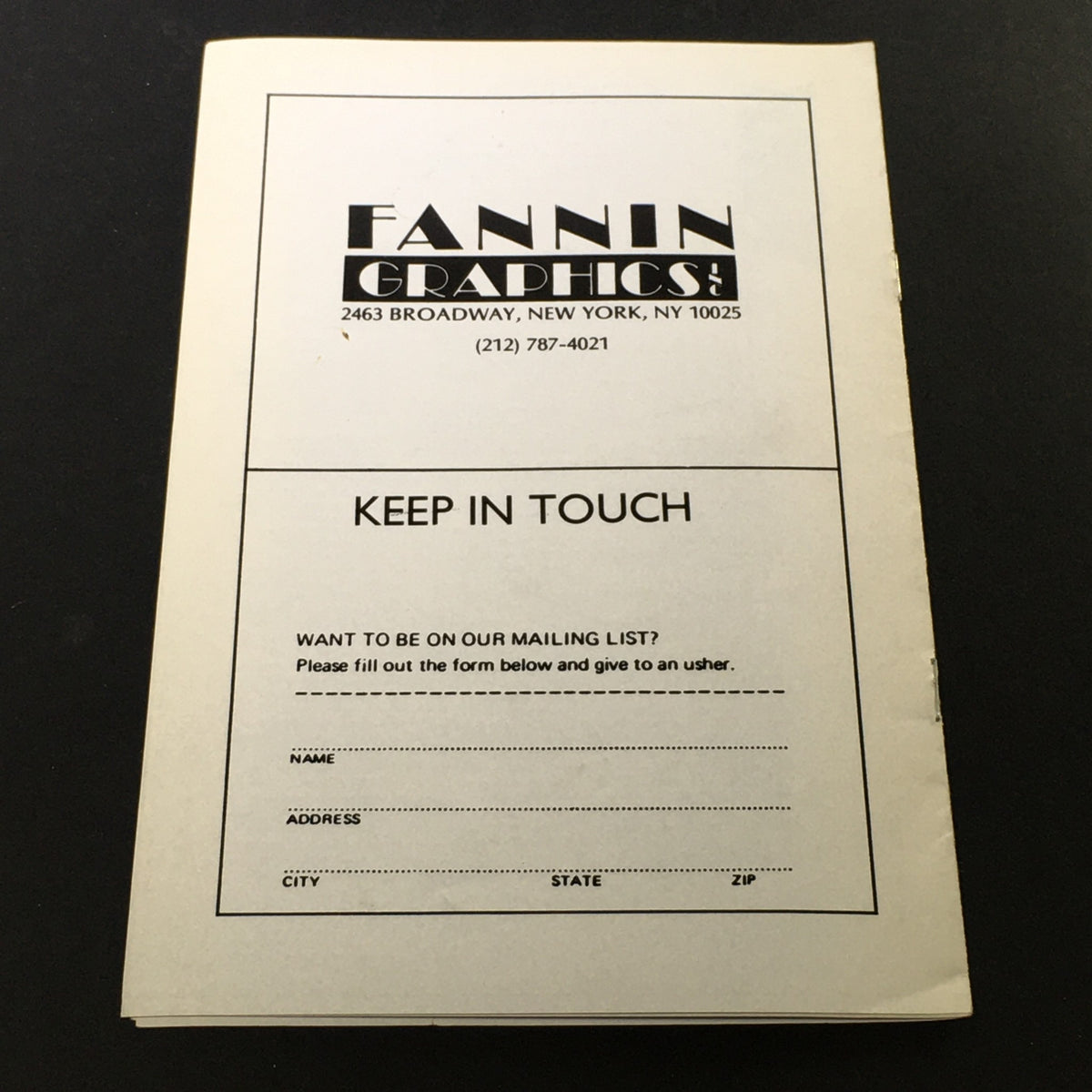 Back cover of 'The York Playgoer' March 1, 1987, with a 'KEEP IN TOUCH' section promoting subscriptions from Fannin Graphics, New York.