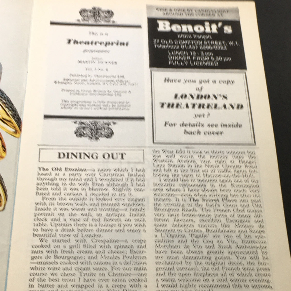 VTG Queen Theatre September 21 1972 - Three Acts Private Lives by Noel Coward, interior design and dining out section of the theatre program, featuring dining recommendations.