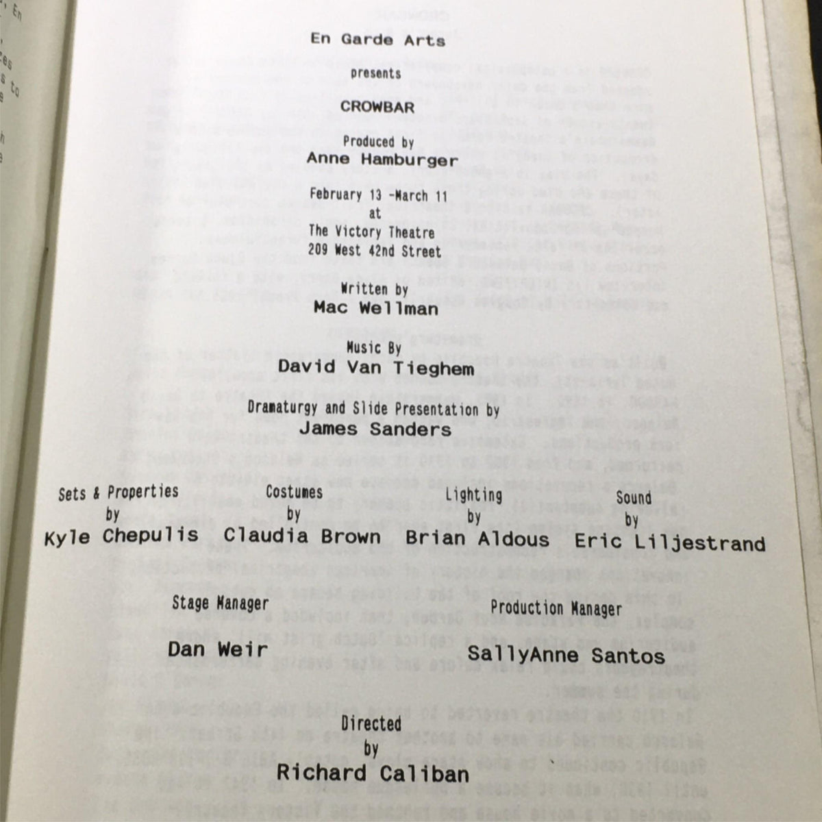 Interior page of 'Victory Crowbar,' detailing production credits including Anne Hamburger and David Van Tieghem, from En Garde Arts.