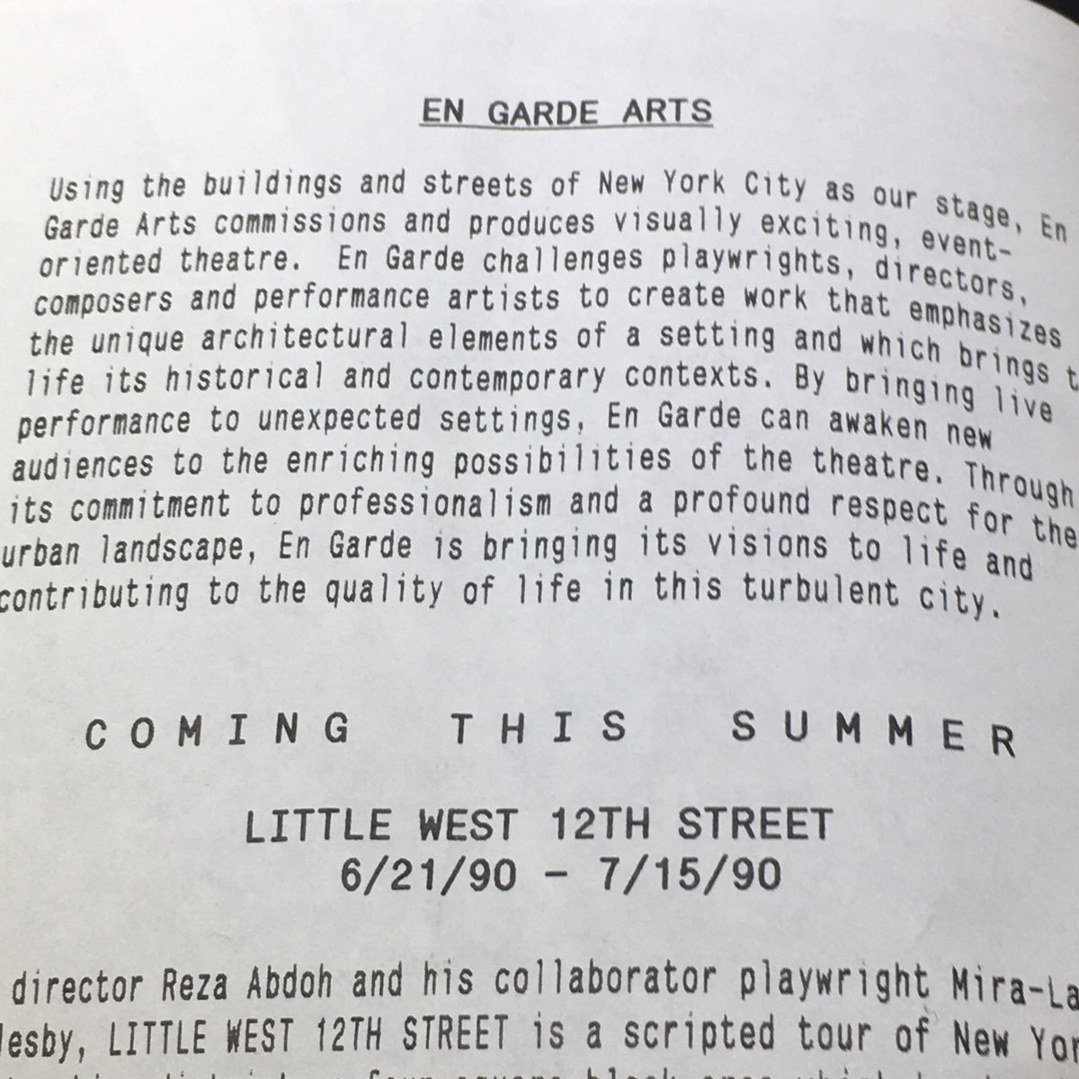 Promotional image for En Garde Arts describing its mission and the theater project near Little West 12th Street.
