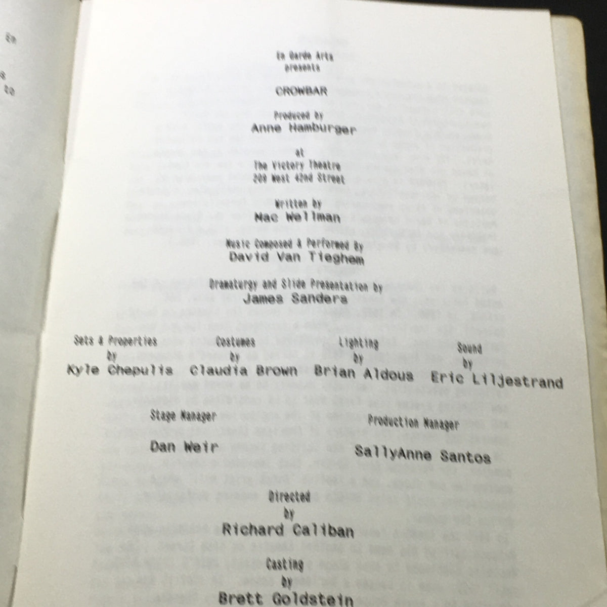 Additional interior page from 'Victory Crowbar' showing production details and credits for the ensemble cast and crew.