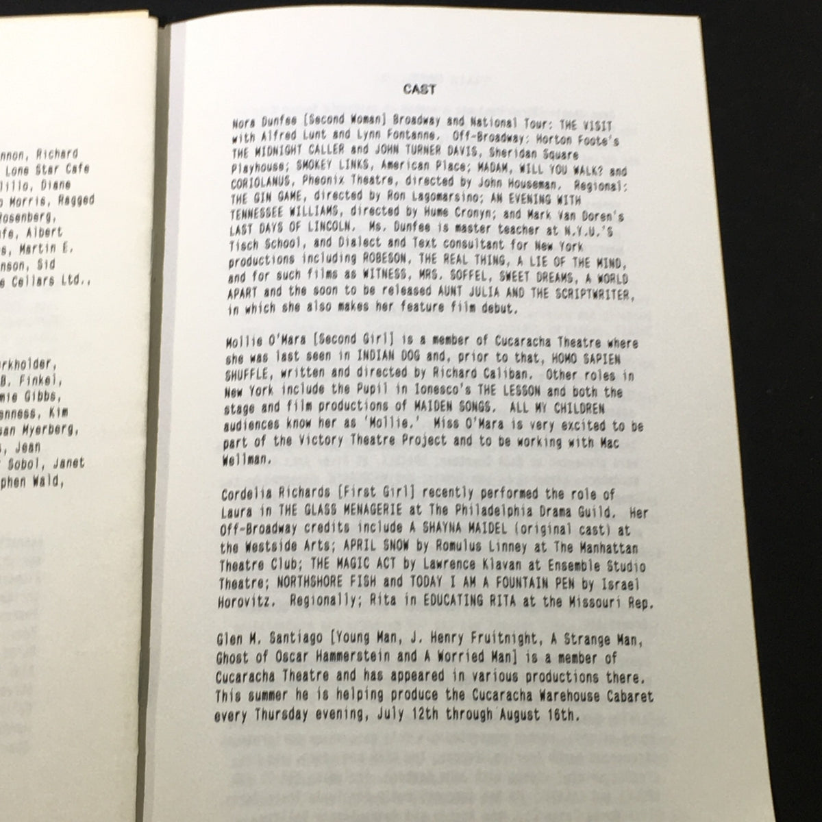 Inside page of 'VTG En Garde Arts Presents June 21 1990 - Victory Crowbar by Richard Caliban' featuring the cast list for the production, showcasing individual names and roles.