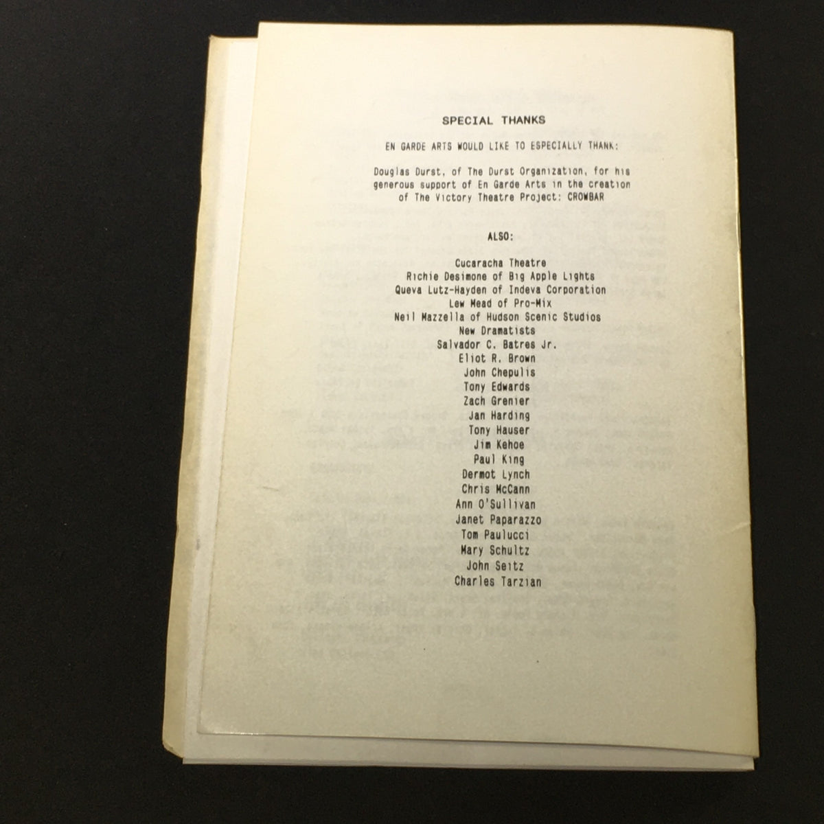 Inside page of 'VTG En Garde Arts Presents June 21 1990 - Victory Crowbar by Richard Caliban' expressing special thanks to contributors and supporters involved in the project.