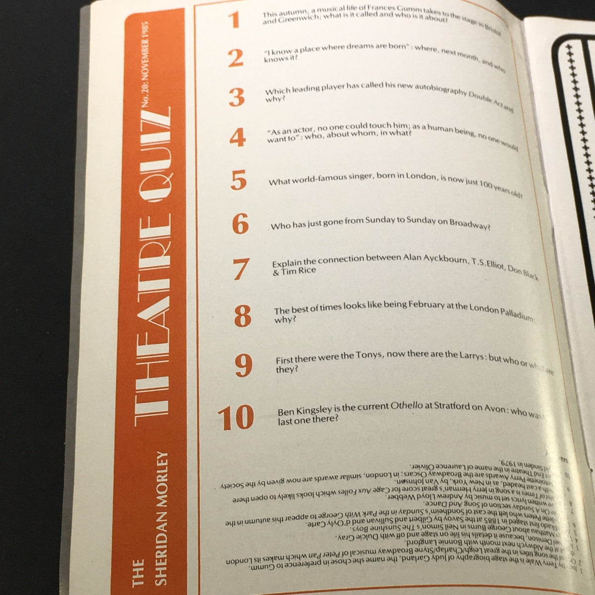 Inside page of a vintage magazine from November 1985 featuring a theatre quiz related to performing arts.