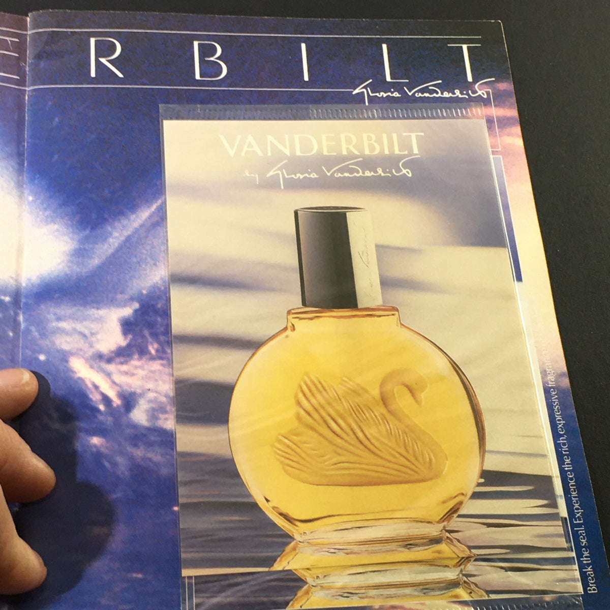 Advertisement for Vanderbilt perfume by Gloria Vanderbilt in a vintage magazine from November 1985.