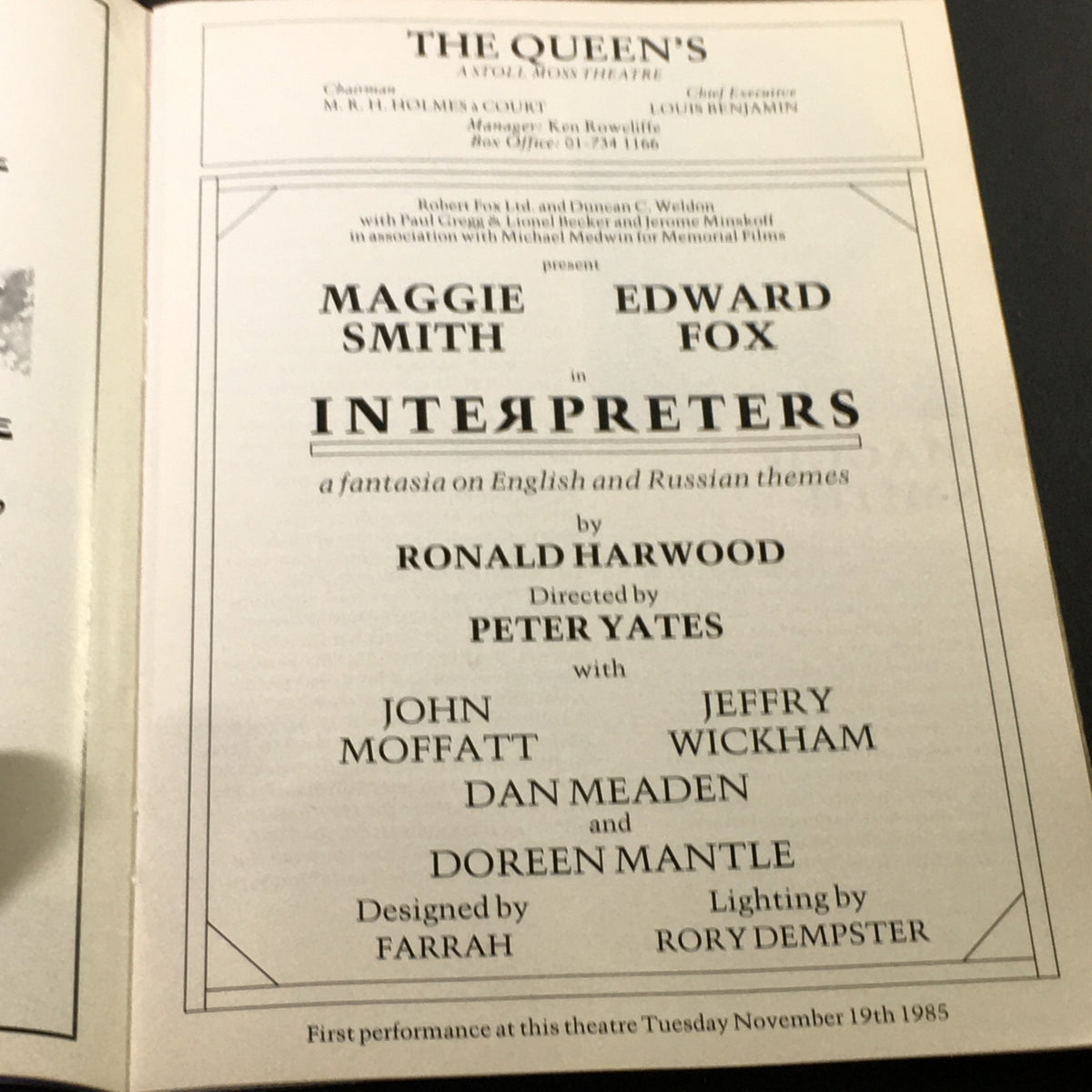 Interior page of a vintage magazine announcing the play 'Interpreters' starring Maggie Smith and Edward Fox, at the Queens Stoll Moss Theatre.