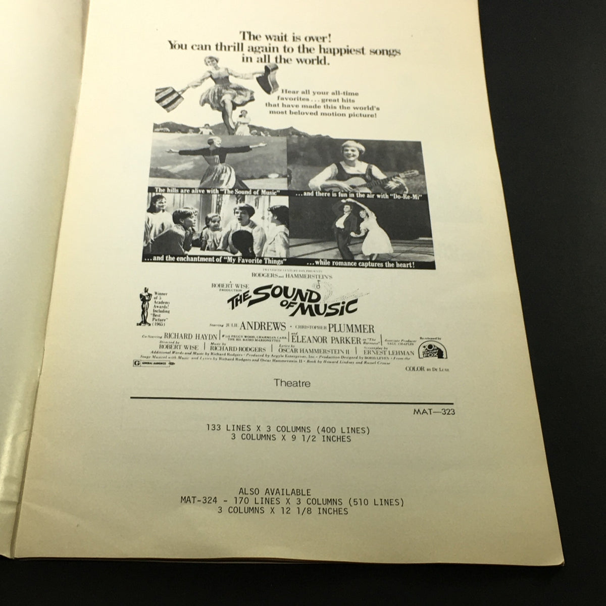 Interior page of the 1973 pressbook for 'The Sound of Music' showcasing promotional images and catchy phrases related to the musical featuring Julie Andrews.