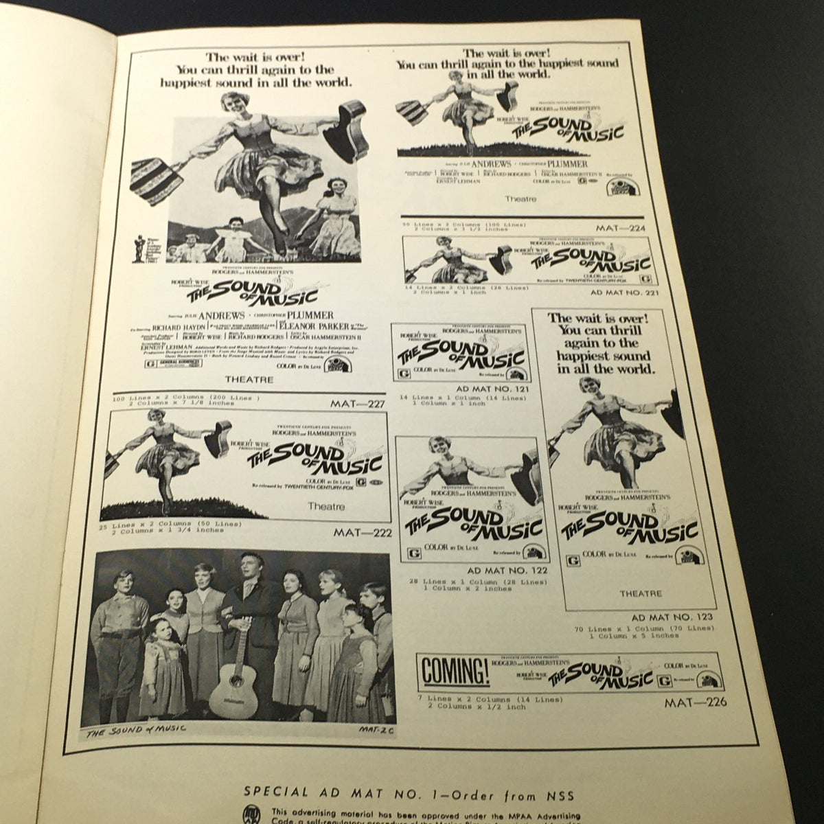 Interior page of the 'The Sound of Music' pressbook displaying various advertisements for the film, emphasizing its return to theaters.