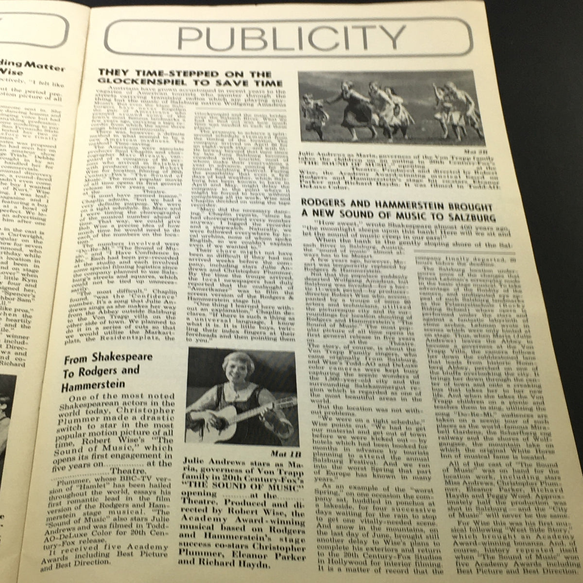 Article page from the 1973 pressbook 'The Sound of Music', detailing the film's publicity strategies and featuring images of the cast, including Julie Andrews.