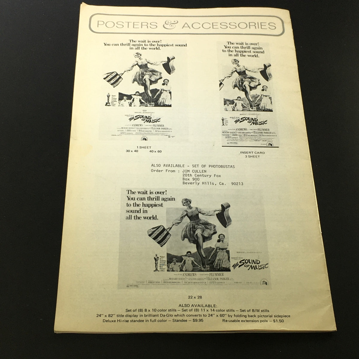 Back cover of the 1973 pressbook for 'The Sound of Music', listing various promotional materials available for the film starring Julie Andrews and Christopher Plummer.