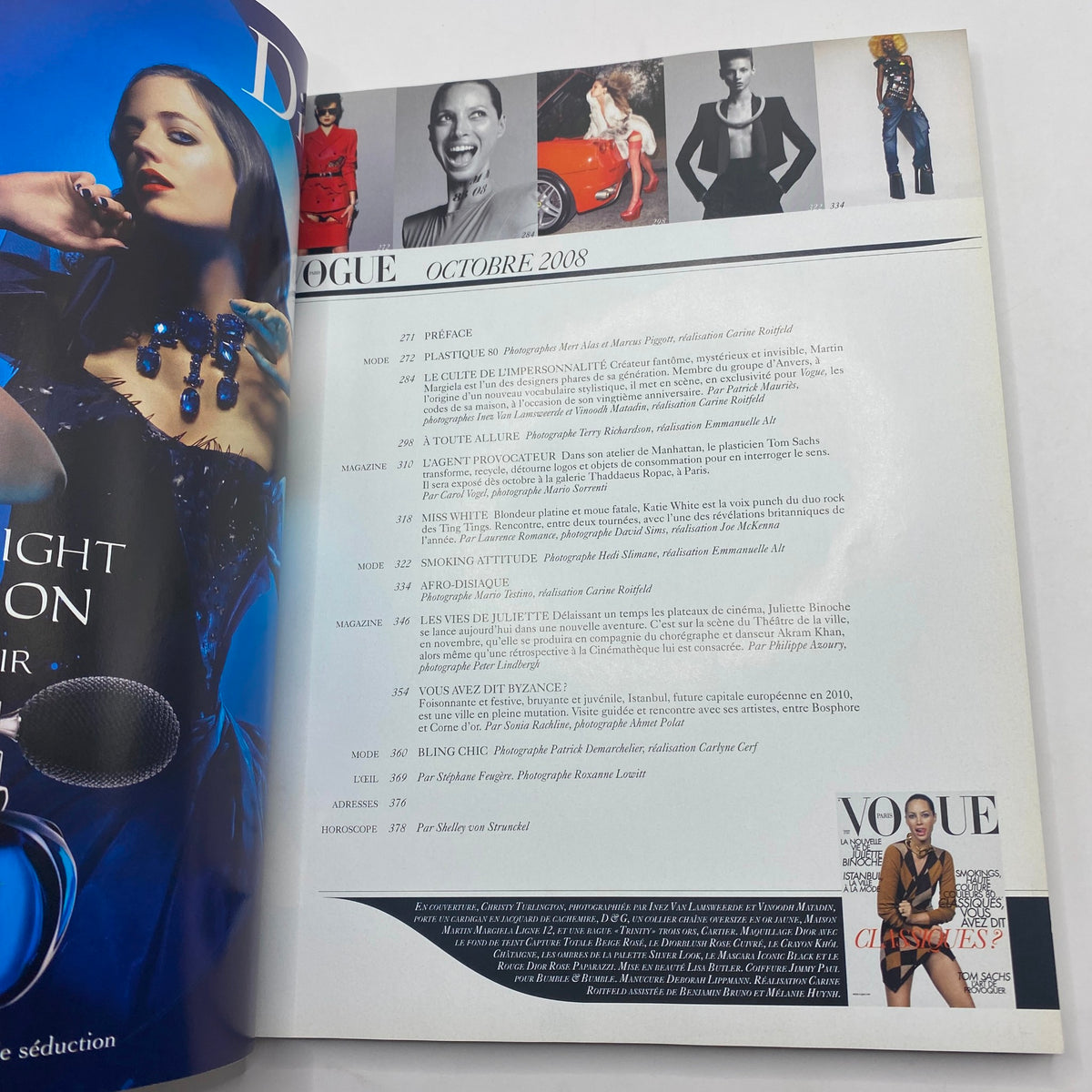 Table of contents page from Vogue Paris Magazine October 2008, outlining featured articles and photo shoots. An essential reference for readers exploring this fashion issue.