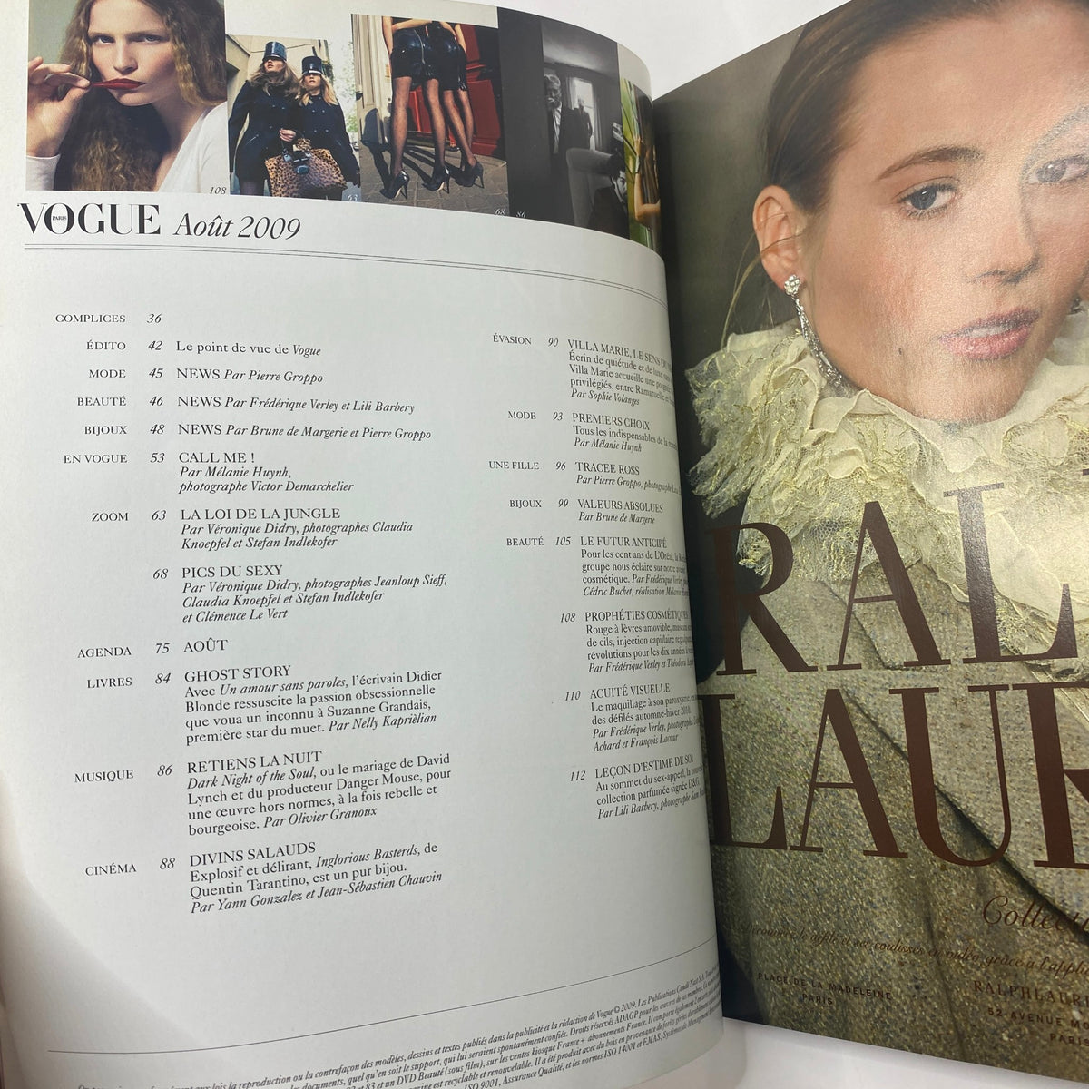 Vogue Paris Magazine August 2009 interior page featuring contents and articles including fashion highlights and editorial features.