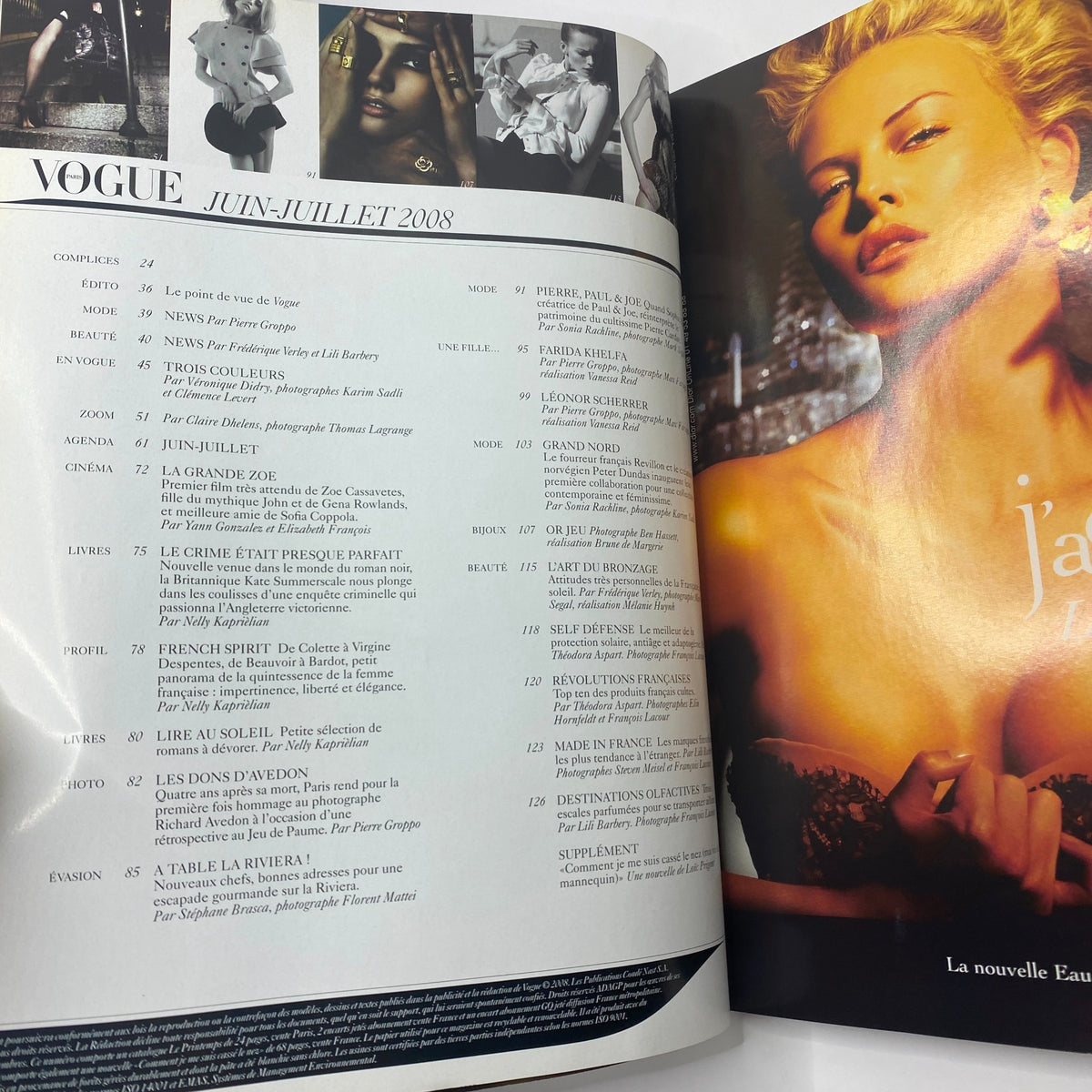 Interior spread of Vogue Paris Magazine June July 2008, highlighting fashion editorials and photography from the issue featuring Laetitia Casta.