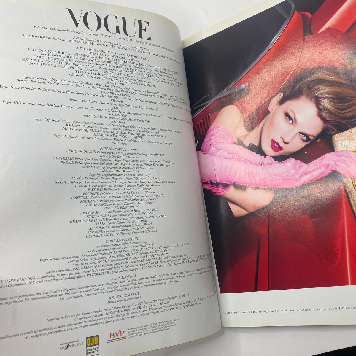 Interior page of Vogue Paris Magazine May 2008 displaying editorial content with a fashion photo in vibrant colors.
