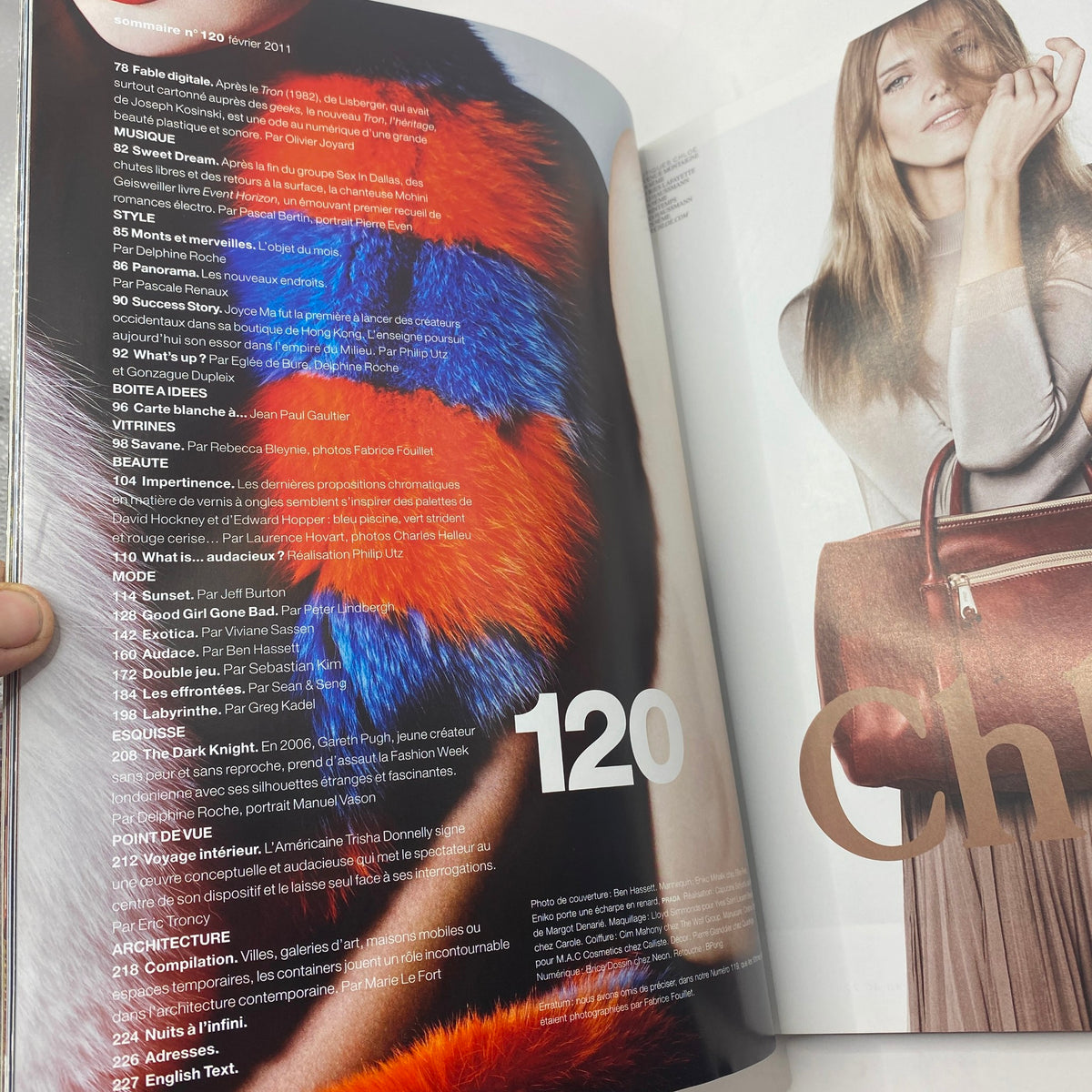 Interior page of Numéro Magazine February 2011 No. 120, displaying the contents section, including page numbers and article titles, showcasing the magazine's focus on fashion and culture.