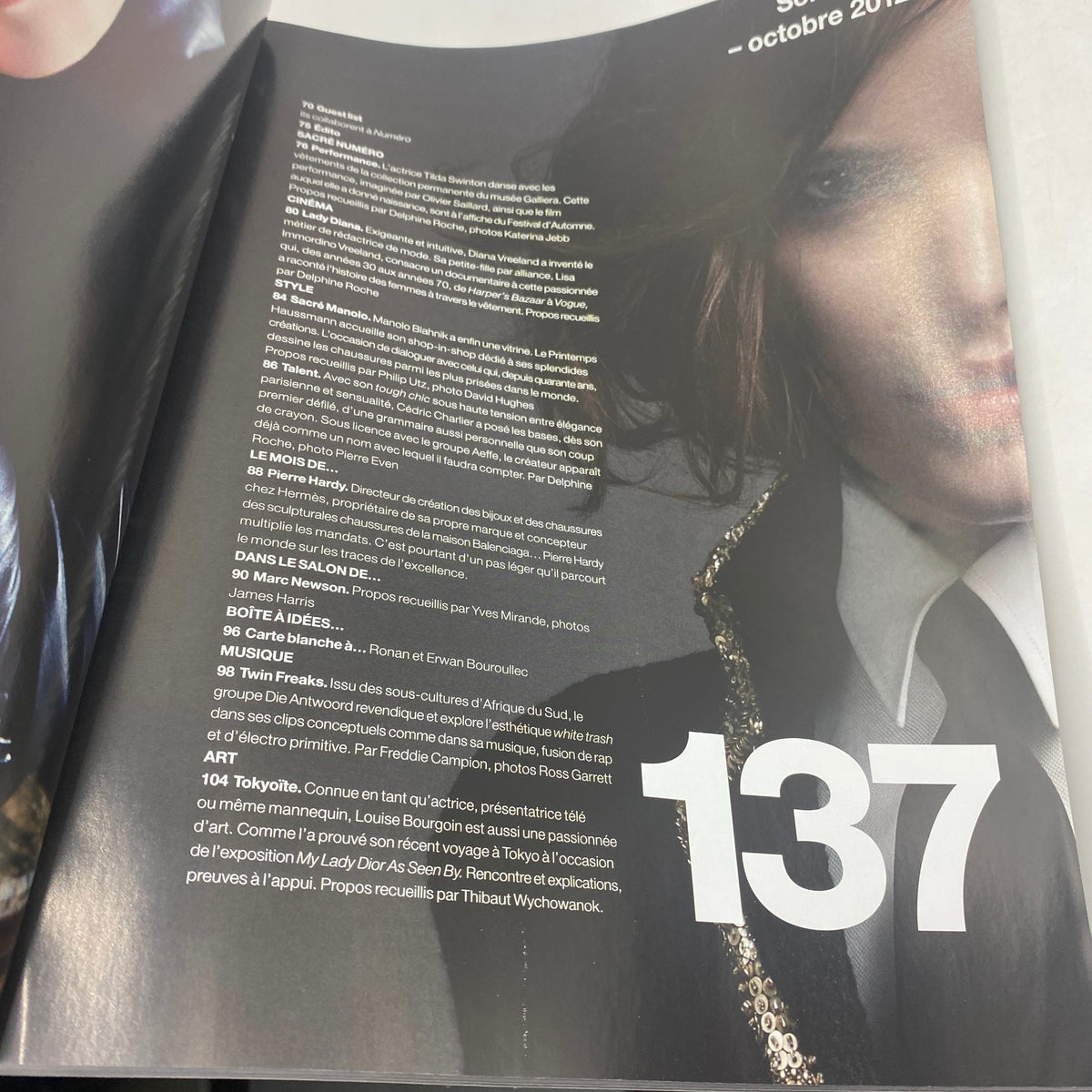 Interior page of Numéro Magazine October 2012 No. 137 displaying the table of contents with an elegant layout, highlighting articles about Tilda Swinton and other notable features.