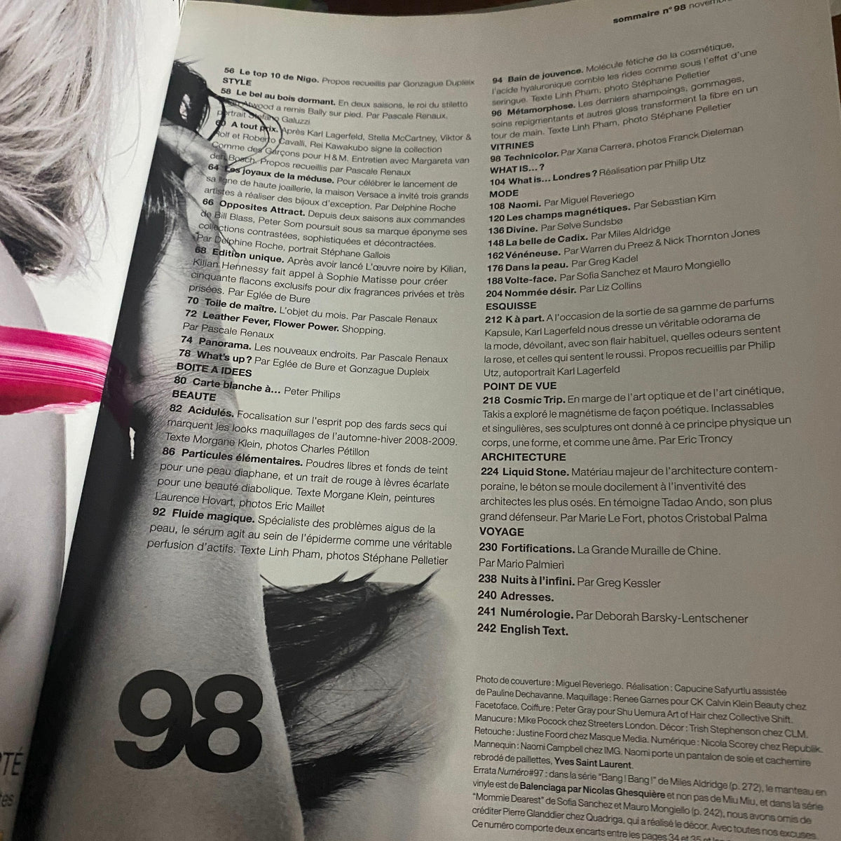 Inside page of Numéro Magazine November 2008 No. 98, showcasing the table of contents with a list of featured articles and contributors, emphasizing the magazine's editorial quality.