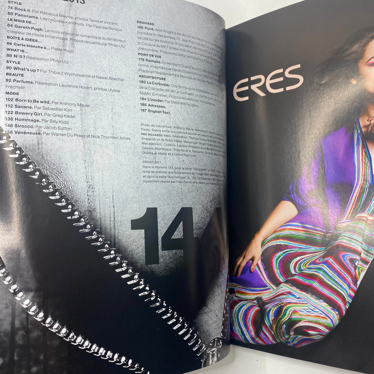 Inside spread of Numéro Magazine June 2013 No. 144 displaying page layout with content list and editorial highlights.