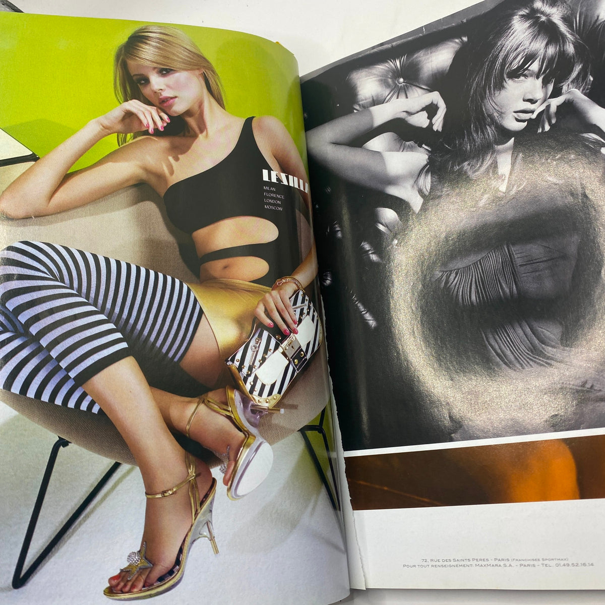 Fashion editorial spread from Numéro Magazine February 2004 No. 50 featuring a model in stylish attire, highlighting the early 2000s fashion trends with vibrant colors and striking poses.