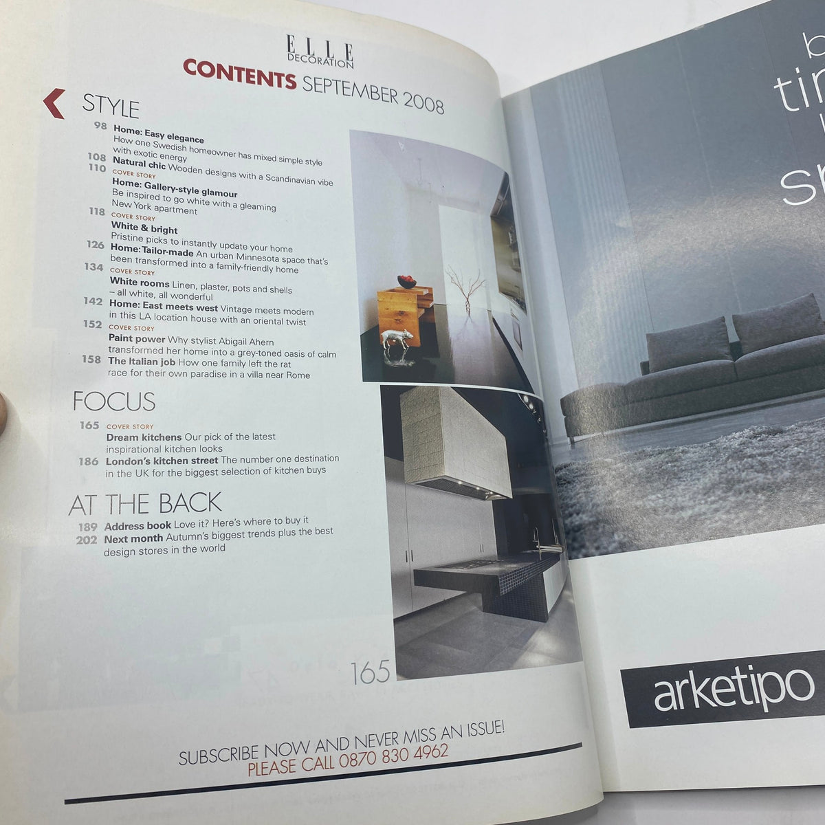 Table of contents page from Elle Decoration UK Edition Magazine September 2008 featuring titles of articles and sections such as 'Home Easy Happens' and 'Focus on Kitchen Picks'. A glimpse into the magazine's multi-faceted style offerings.