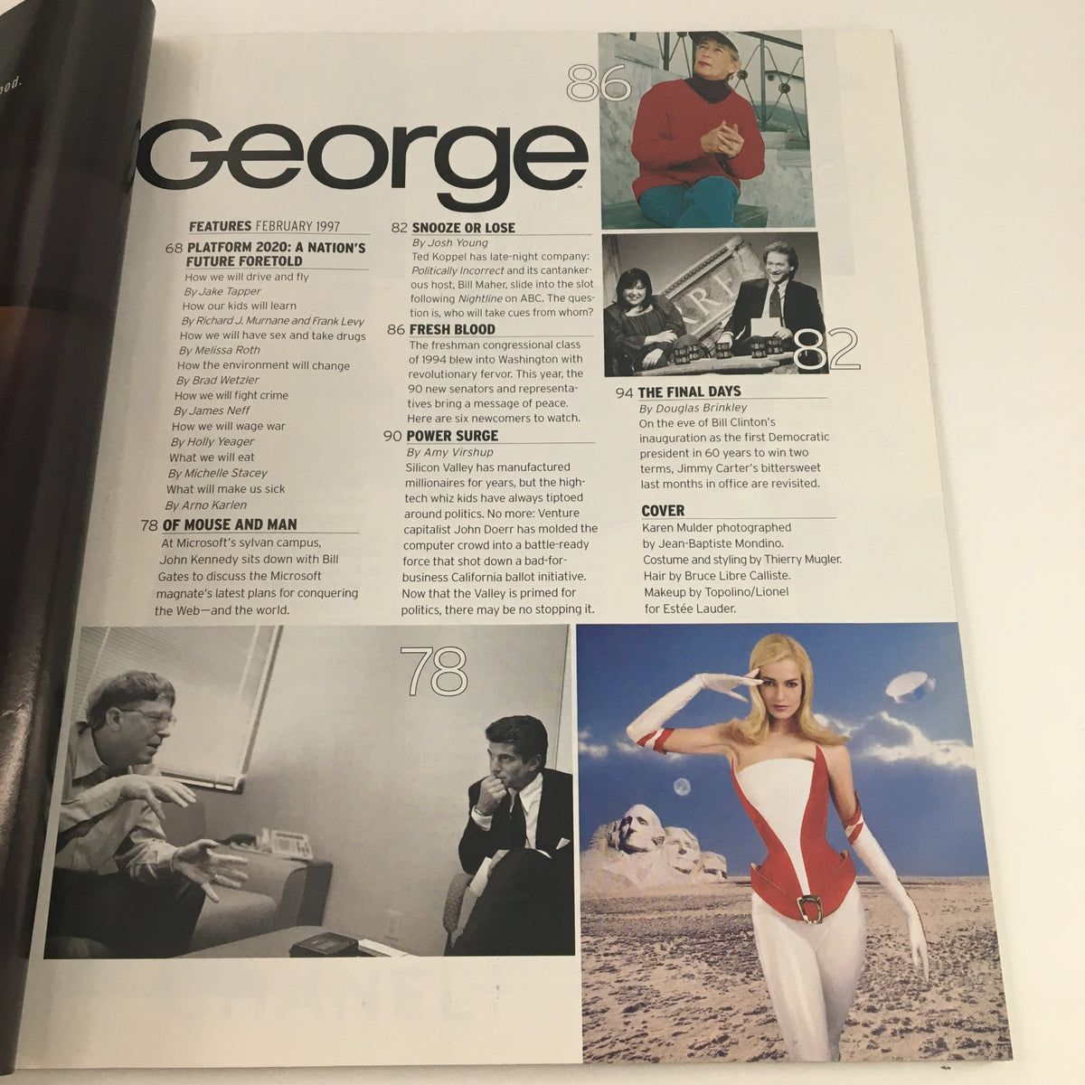 Page from George Magazine February 1997 showcasing features including articles and photographs of notable figures like Bill Gates, highlighting topics such as technology and politics, with a focus on the issue's cultural impact.