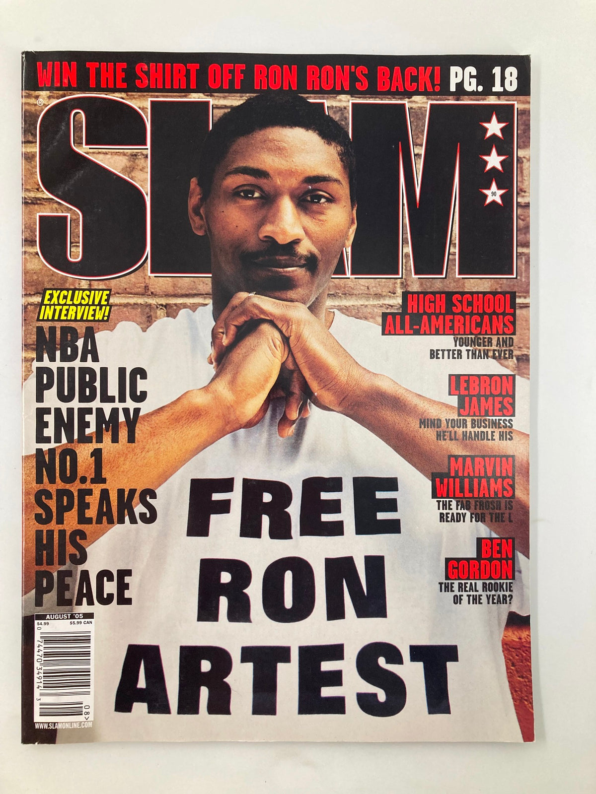 Slam Magazine August 2005 featuring Ron Artest on the cover, showcasing his powerful presence with the slogan 'FREE RON ARTES'. This collectible magazine highlights a pivotal moment in NBA history.