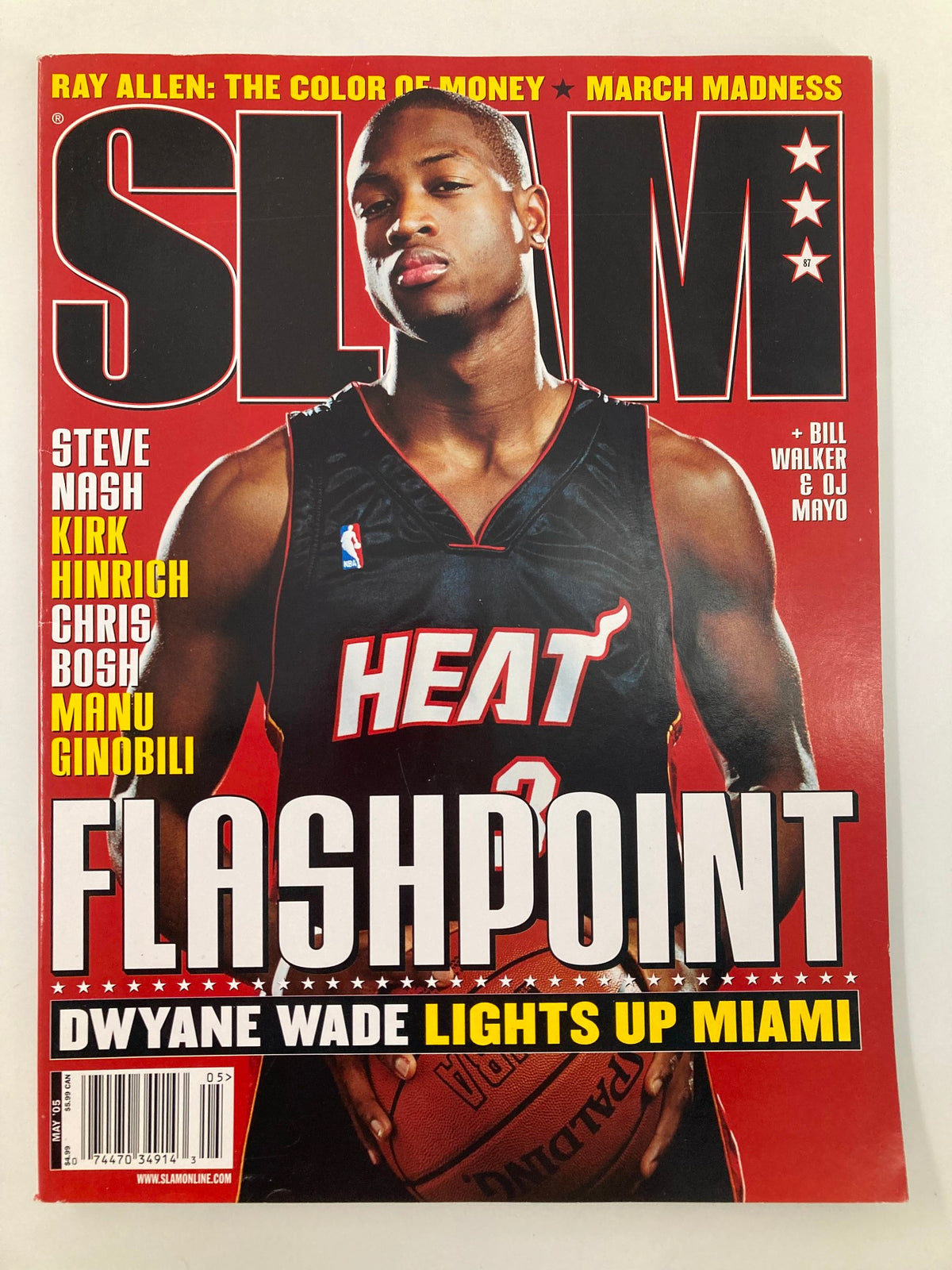 Cover of Slam Magazine May 2005 featuring Dwyane Wade in a Miami Heat jersey, highlighting the theme 'FLASHPOINT' alongside Steve Nash and the tagline 'DWYANE WADE LIGHTS UP MIAMI'.
