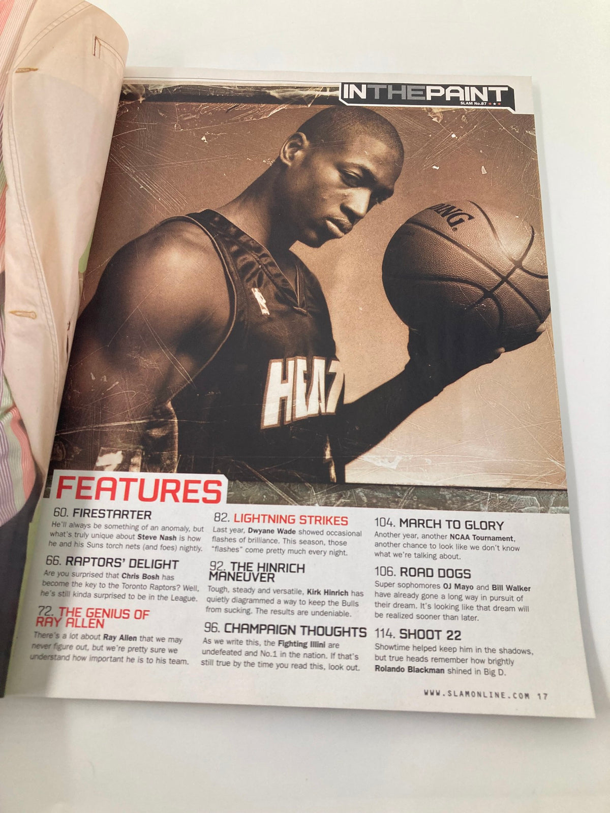 Inside page of Slam Magazine May 2005 showcasing Dwyane Wade with information about features in the magazine, including 'FIRESTARTER' and a photo of Wade in a Miami Heat uniform.