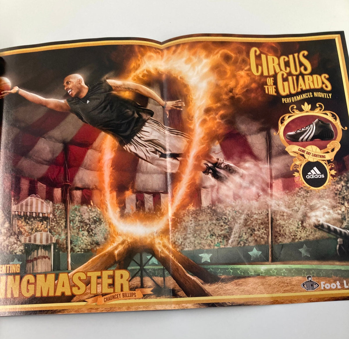 Slam Magazine February 2005 advertisement for Adidas featuring Chauncey Billups in a circus-themed basketball performance.