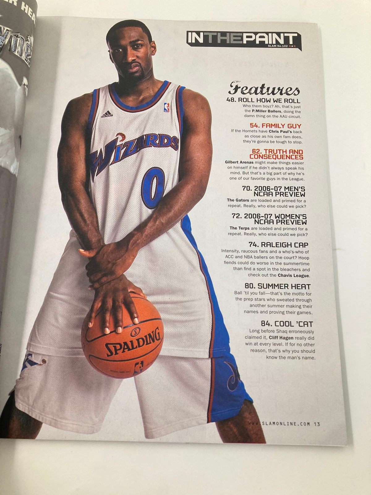 Slam Magazine November 2006 featuring Washington Wizards player Gilbert Arenas posing in team jersey, highlighting an engaging profile in the article section.