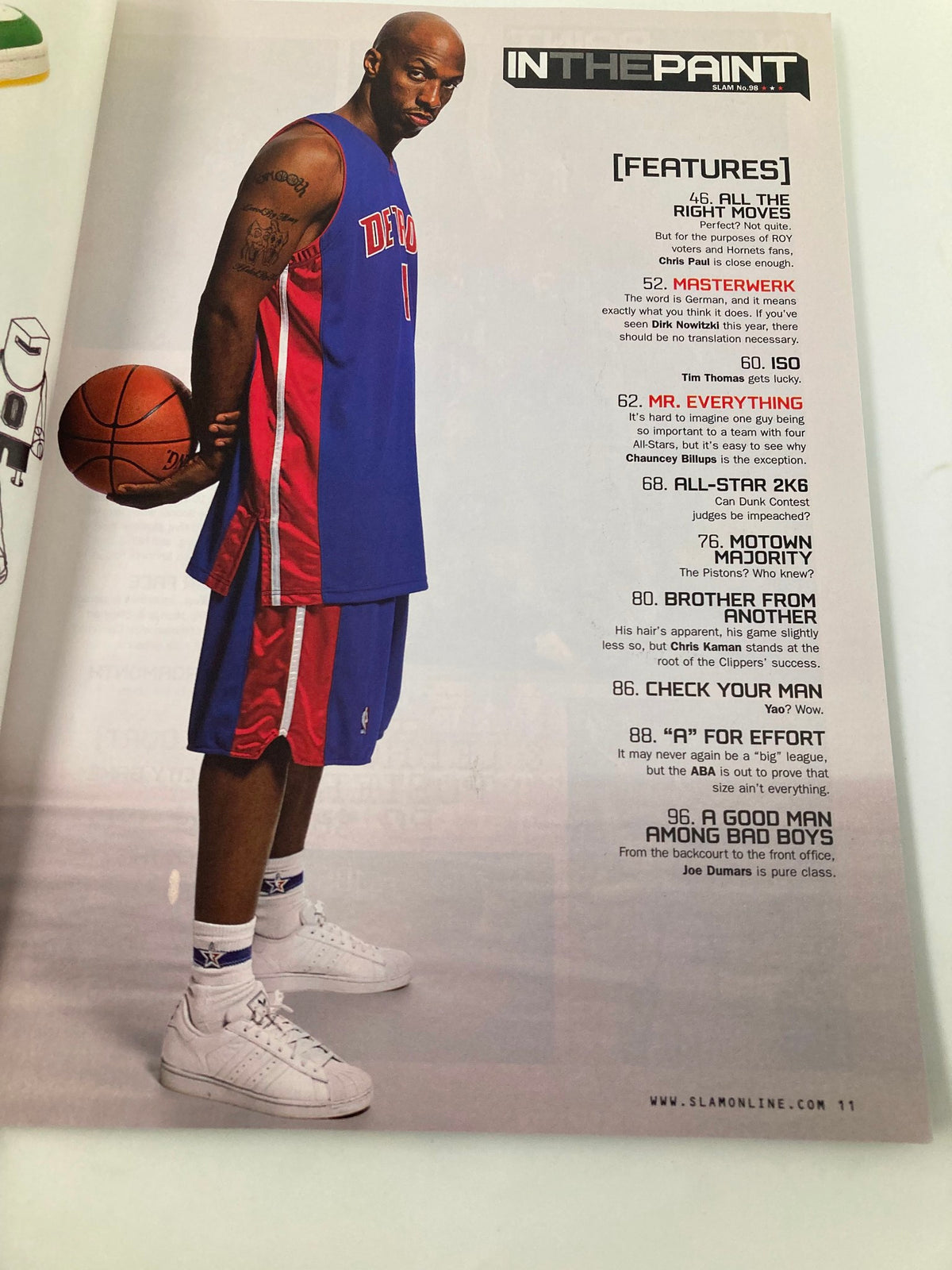 Chauncey Billups wearing a Detroit Pistons jersey, standing in a dynamic pose with a basketball, featured in Slam Magazine June 2006, showcasing his impact on the NBA.