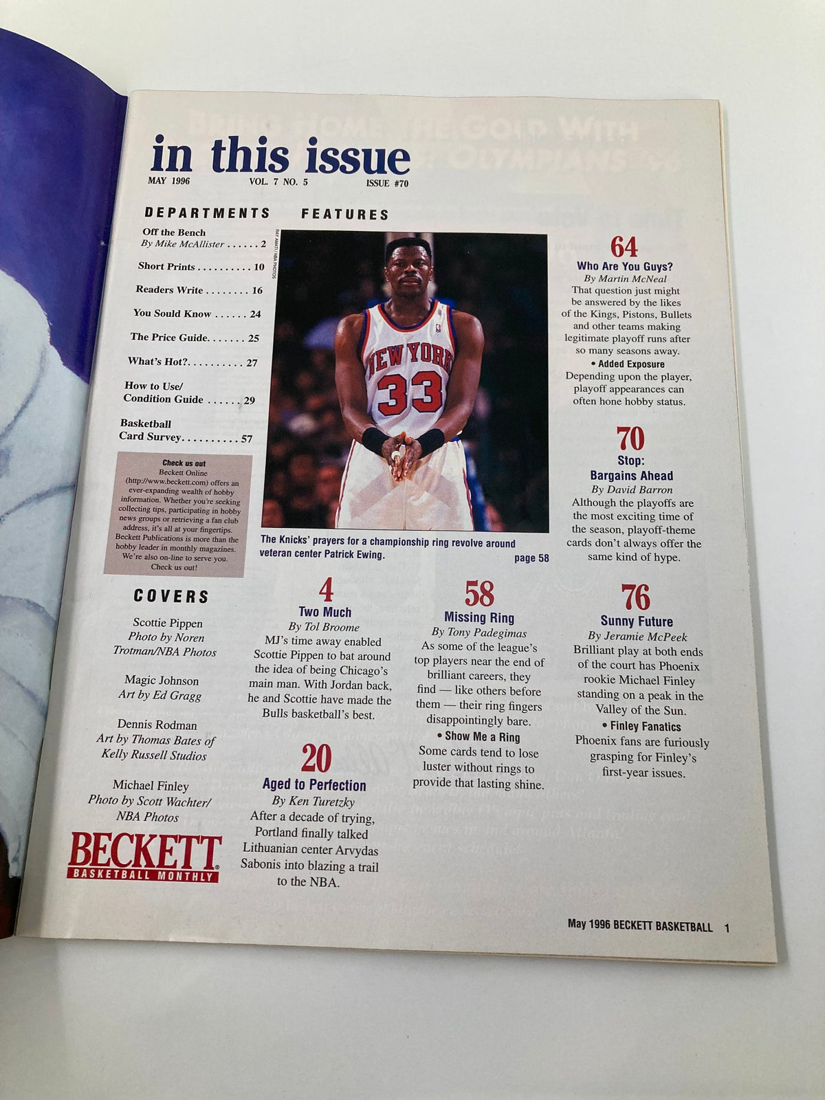 Inside page of Beckett Basketball Monthly Magazine May 1996, showcasing the table of contents and features, including articles about NBA players and basketball topics.