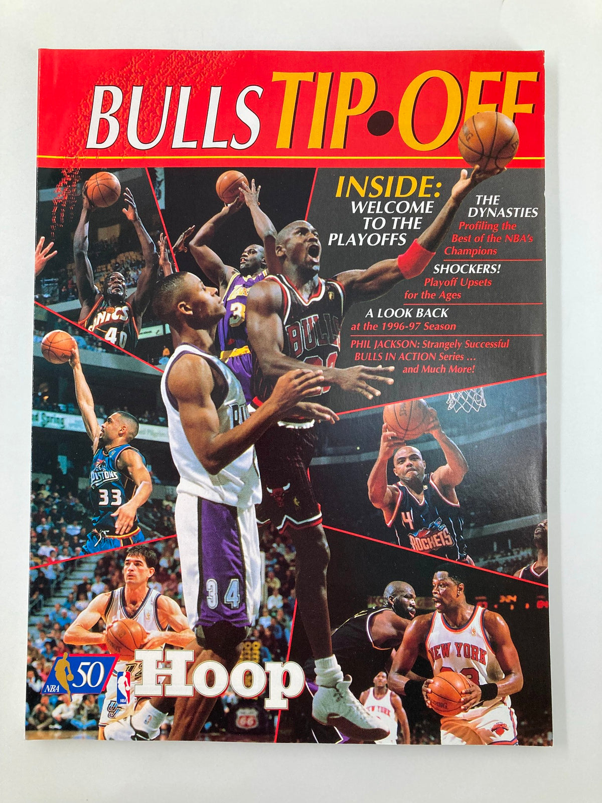 NBA Hoop Bulls Tip Off Magazine 1997 featuring Michael Jordan, Ray Allen, and other iconic players. This vintage magazine highlights the Chicago Bulls' journey during the 1996-97 NBA season with rich graphics and insightful articles.