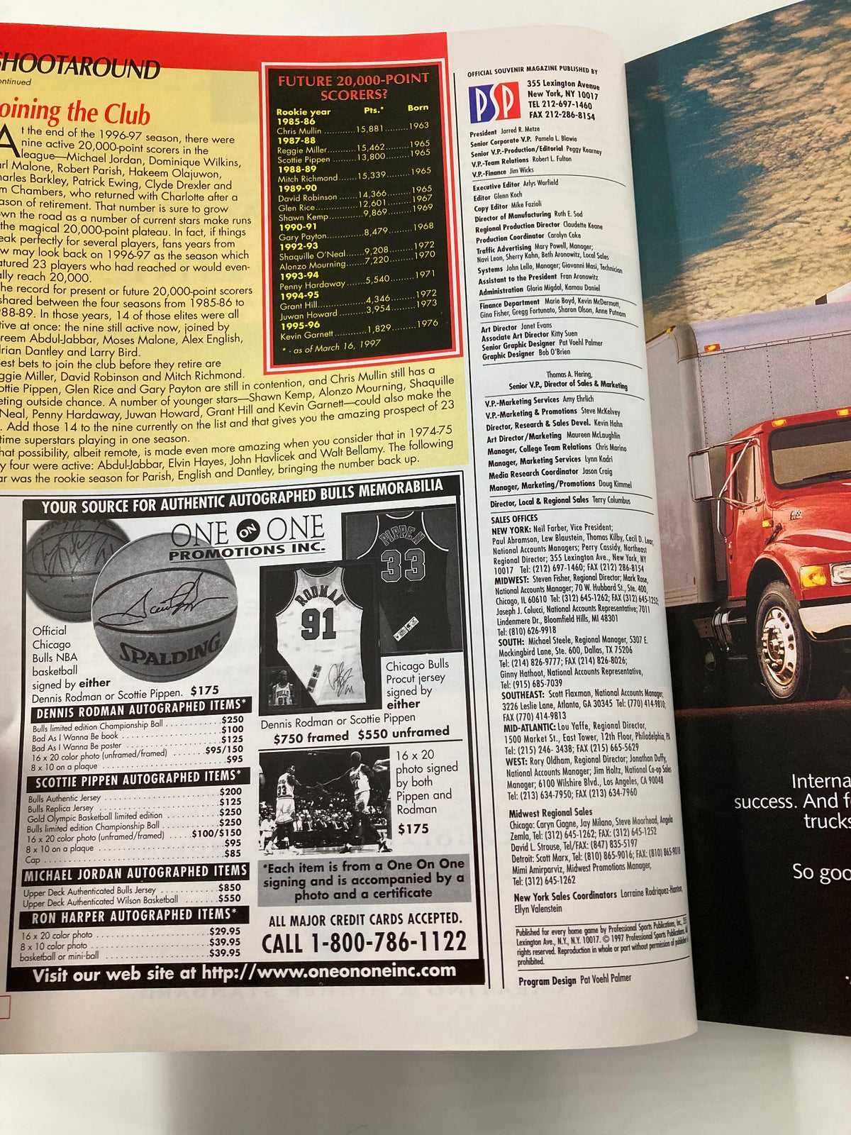Inside page of the NBA Hoop Bulls Tip Off Magazine 1997, highlighting future 20,000-point scorers and memorabilia options related to the Chicago Bulls, a valuable resource for basketball enthusiasts.