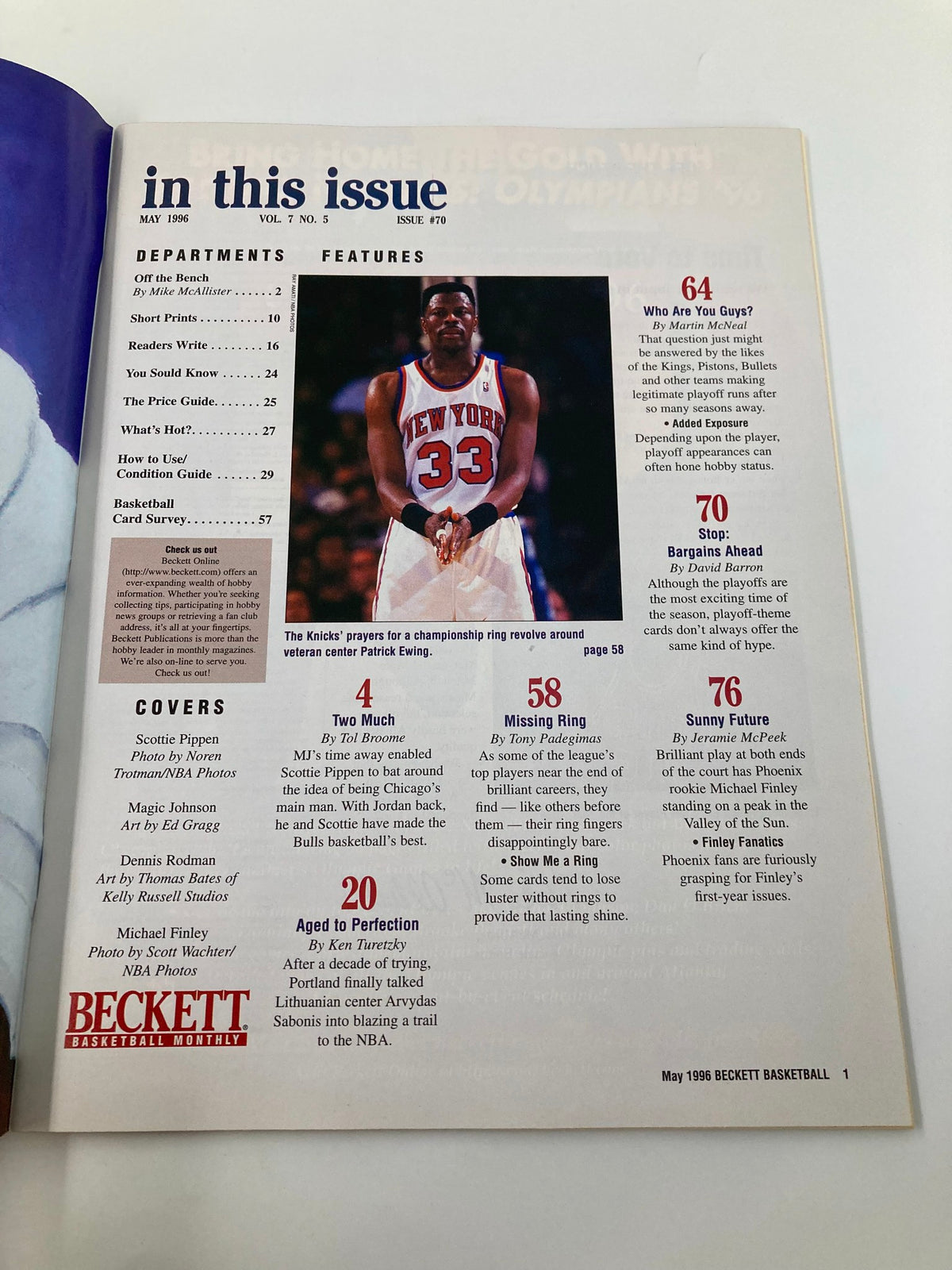 Inside page of Beckett Monthly Magazine May 1996 #70, featuring the table of contents and articles related to basketball, including highlights of Patrick Ewing and Scottie Pippen.