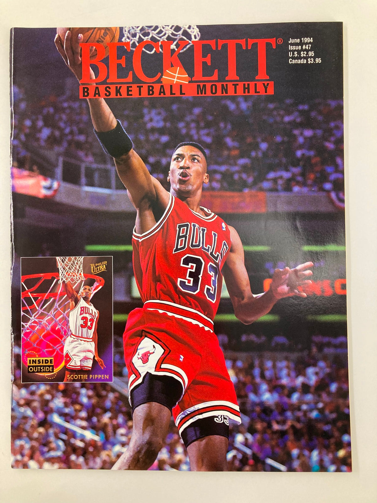Beckett Monthly Magazine June 1994 Issue #47 featuring Scottie Pippen on the cover, showcasing him in a Chicago Bulls uniform during a basketball game.