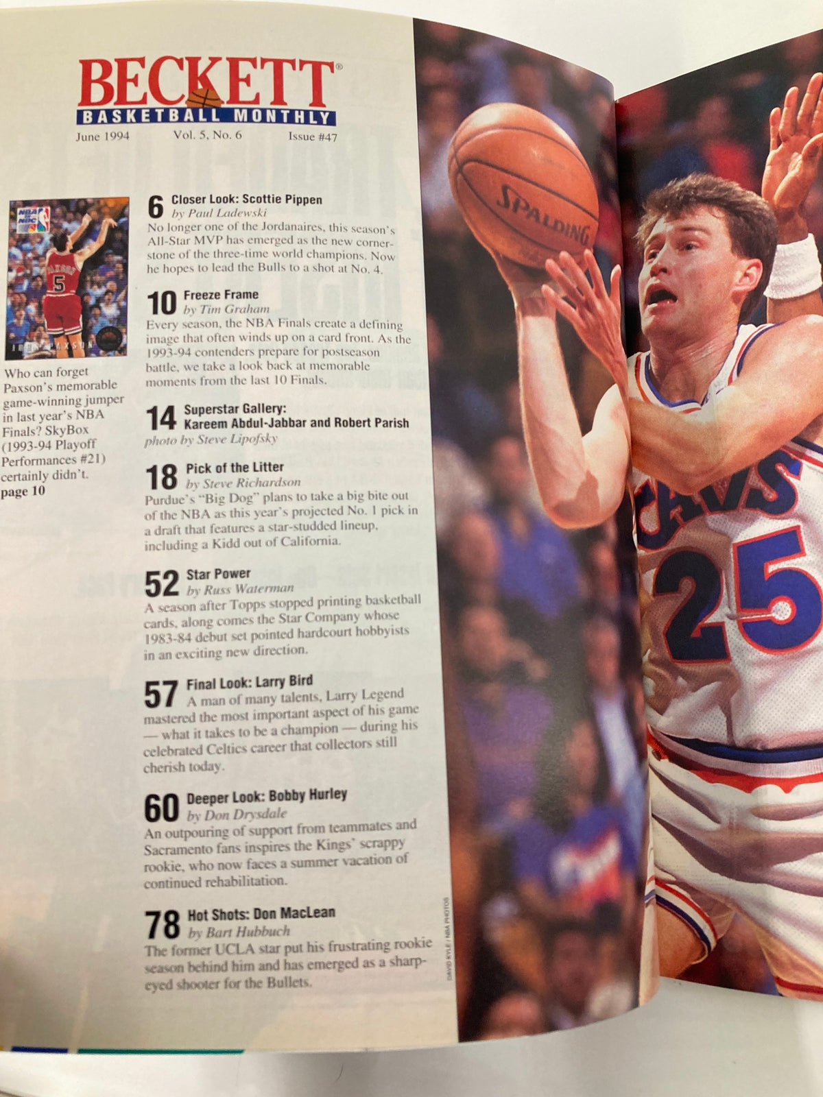 Interior page of Beckett Monthly Magazine June 1994 Issue #47, detailing articles and features including Scottie Pippen and other basketball highlights.