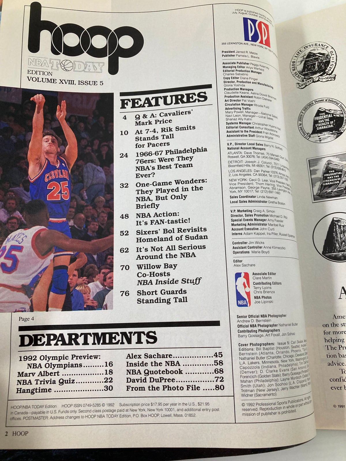 Interior page of NBA Hoop Magazine 1992 Vol 18 #5 displaying contents and features, including articles on prominent NBA players and events.