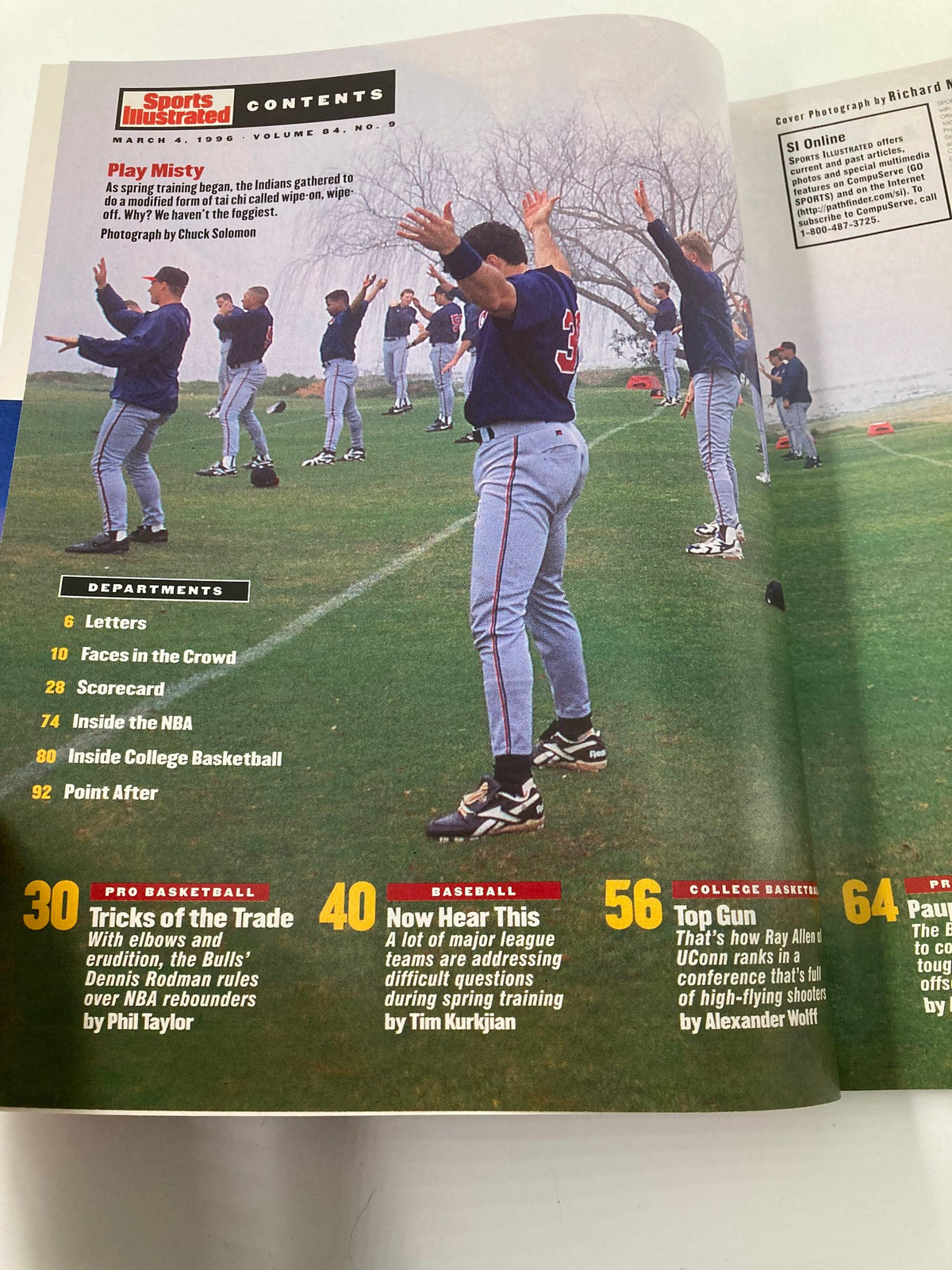 Contents page of Sports Illustrated Magazine March 4, 1996, highlighting features on basketball and baseball, including an article on Dennis Rodman and his rebounding techniques.
