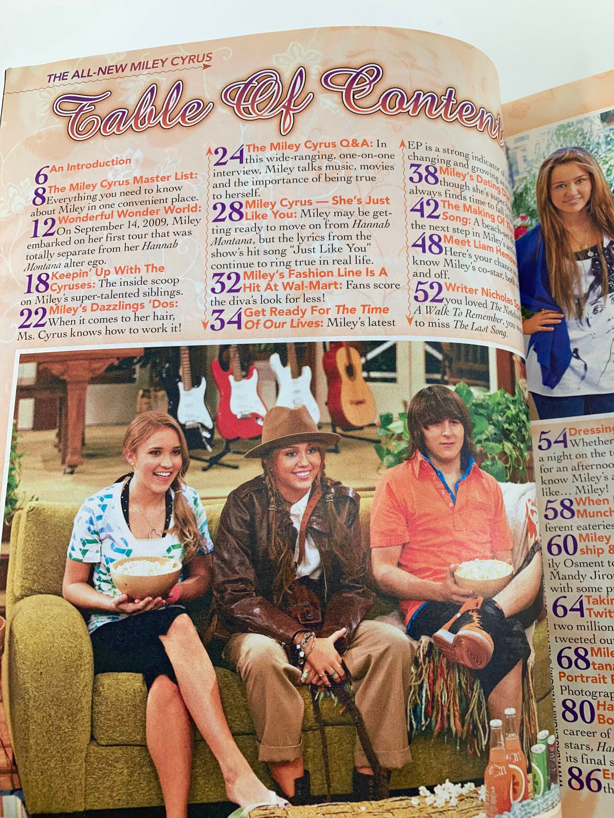 Inside page of Life Story Magazine 2010 displaying the Table of Contents with sections about Miley Cyrus, including her biography and exclusive interviews.