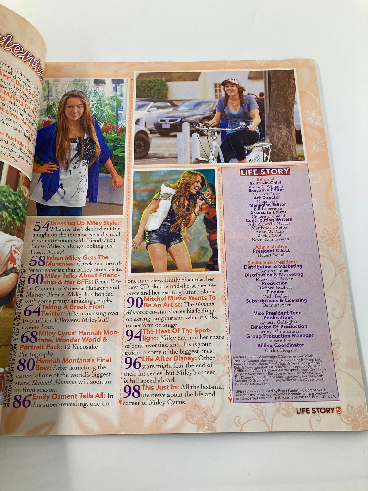 Page from Life Story Magazine 2010 showing articles and features about Miley Cyrus, including her fashion style, interview snippets, and details about her lifestyle.