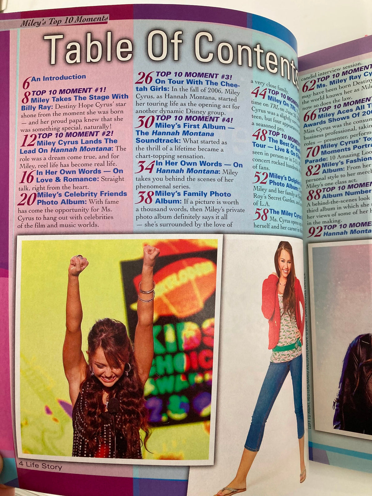 Page from Life Story Magazine 2008 highlighting Miley Cyrus's Top 10 Moments with a detailed table of contents, including notable moments and appearances.