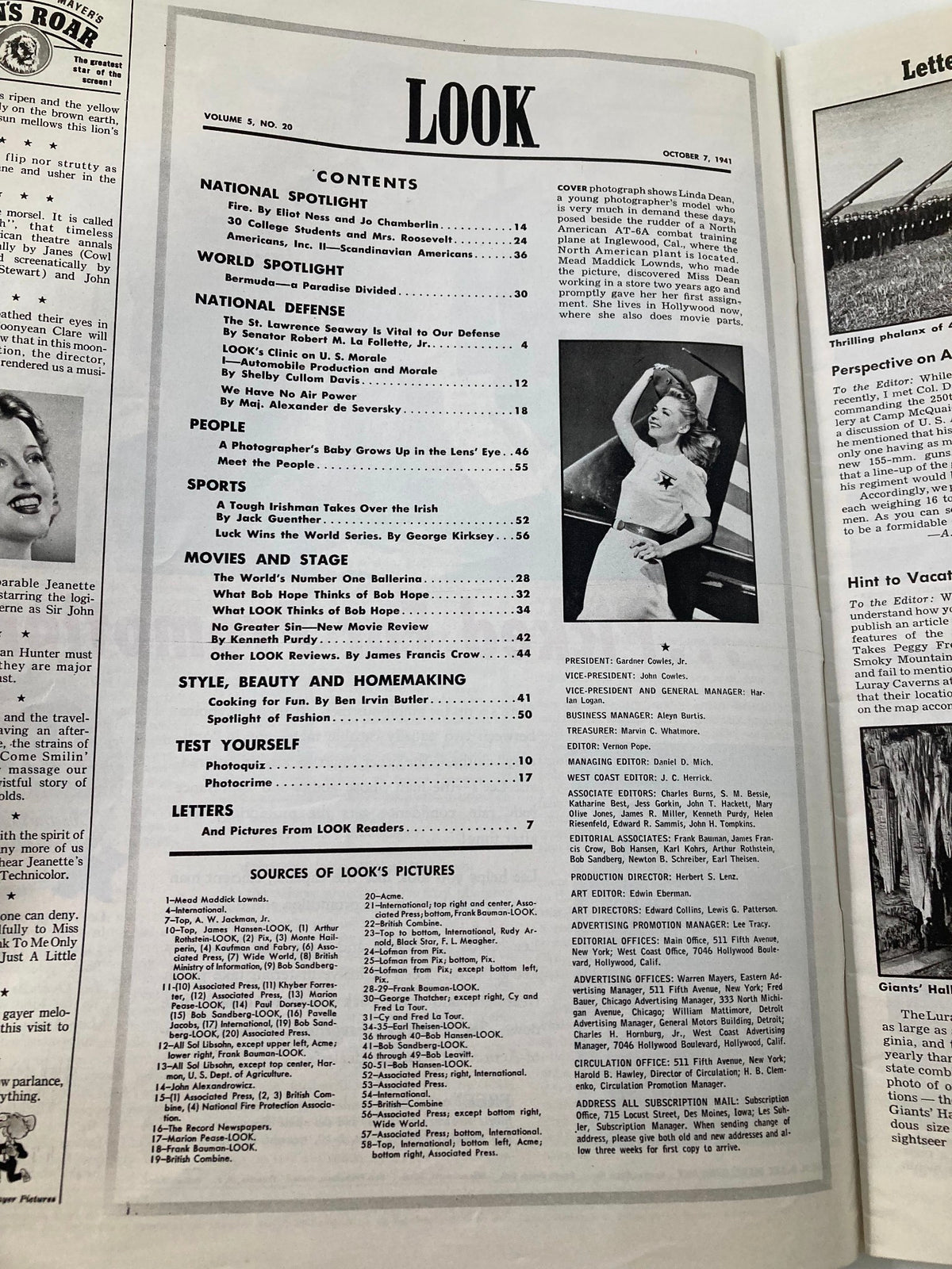 Inside page of the VTG Look Magazine October 7 1941, showcasing the table of contents with features including Linda Dean's cover photography.
