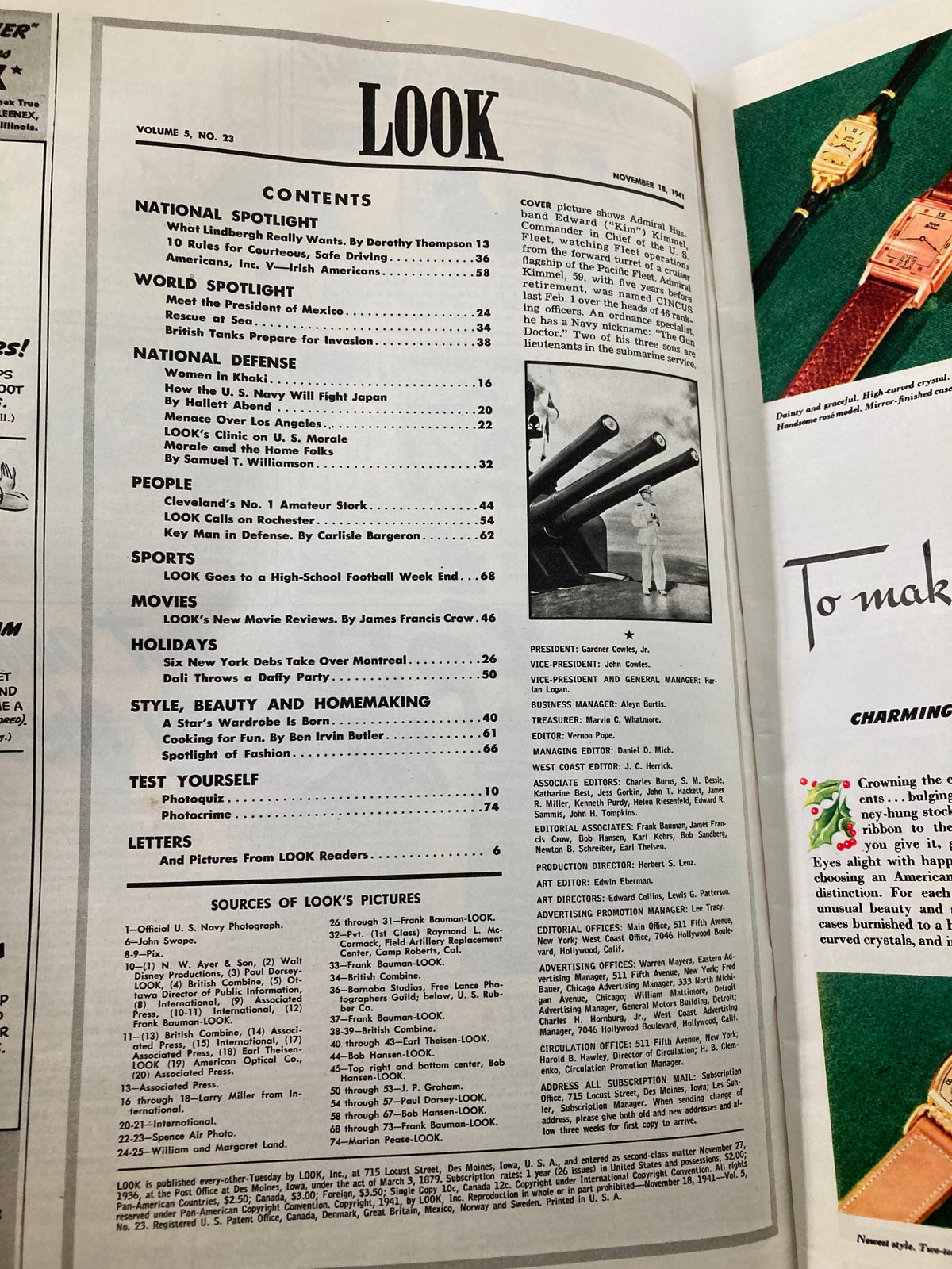 Contents page of the VTG Look Magazine from November 18, 1941, highlighting articles and features including National Spotlight, World Spotlight, and various sections on style, beauty, and reviews.
