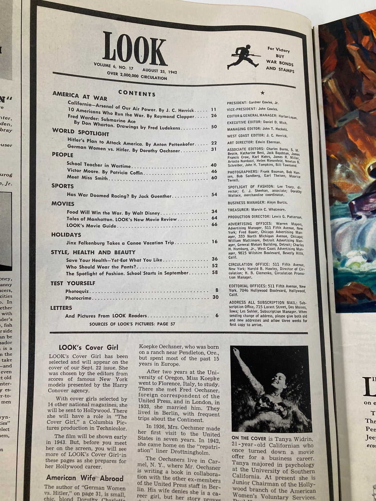 Inside page of VTG Look Magazine August 10 1942 featuring the table of contents, highlighting key articles including 'America at War' and 'World Spotlight' during World War II.